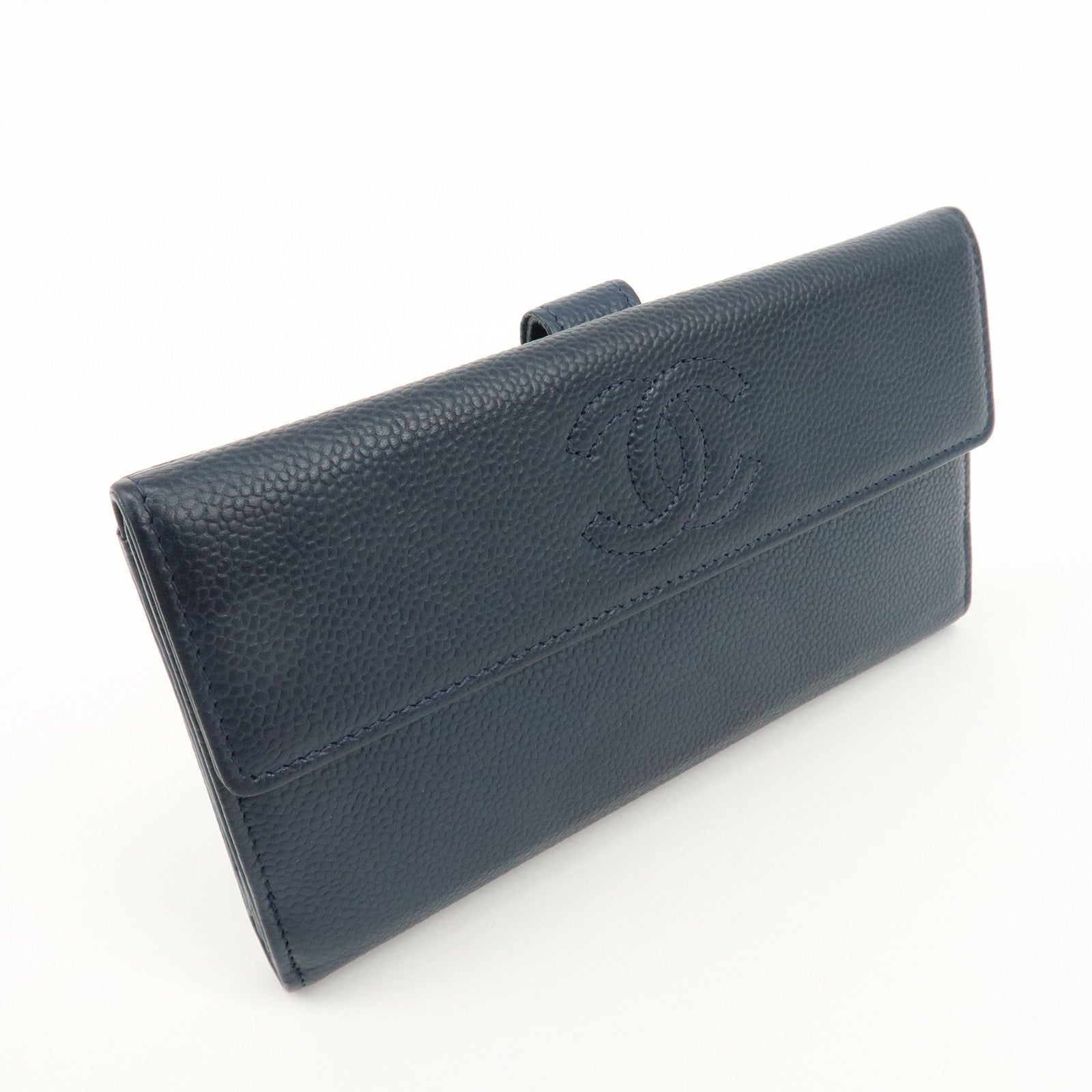 CHANEL Coco Mark Caviar Skin Double Hook Wallet Navy A48649 Used