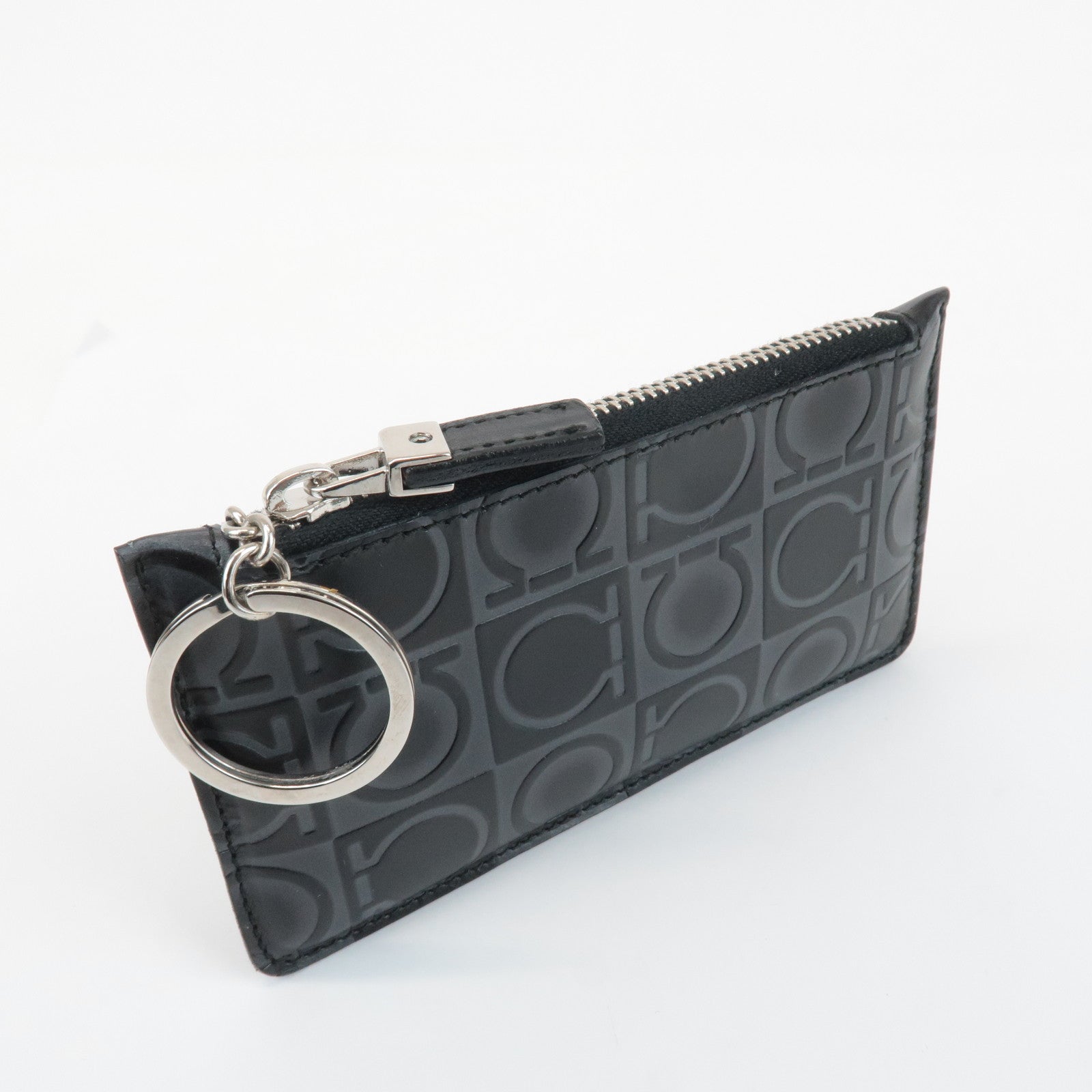 Ferragamo Gancini Leather Coin Case with Key Ring Black Used