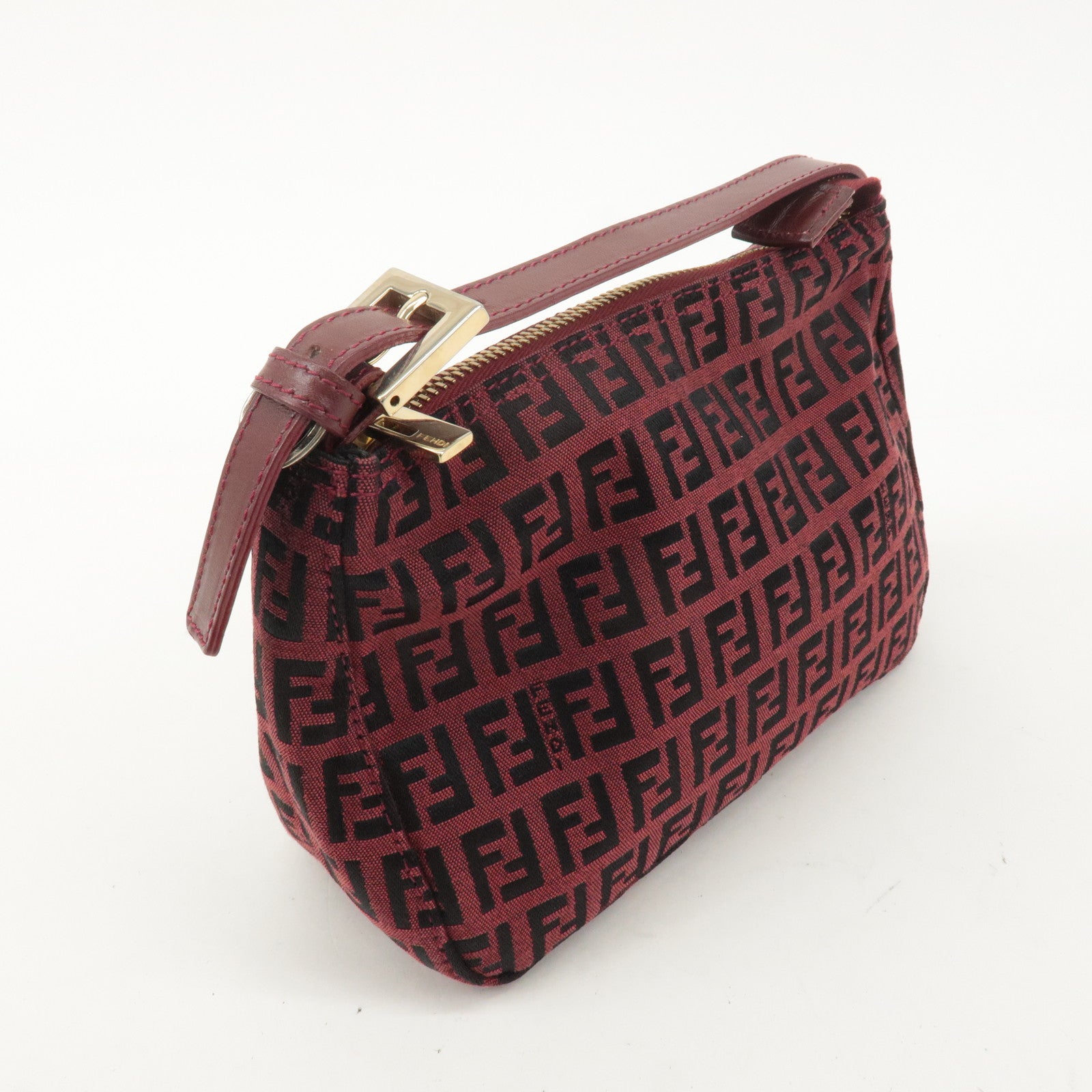 FENDI Zucchino Canvas Leather Pouch Hand Bag Red Black 8N0001