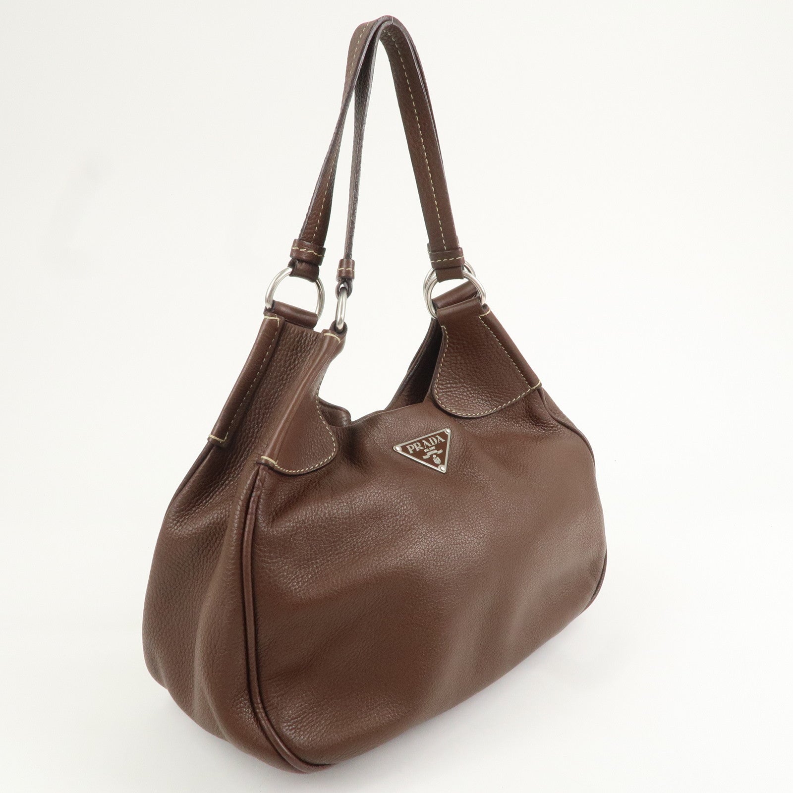 PRADA Logo Leather Shoulder Bag Hand Bag Brown