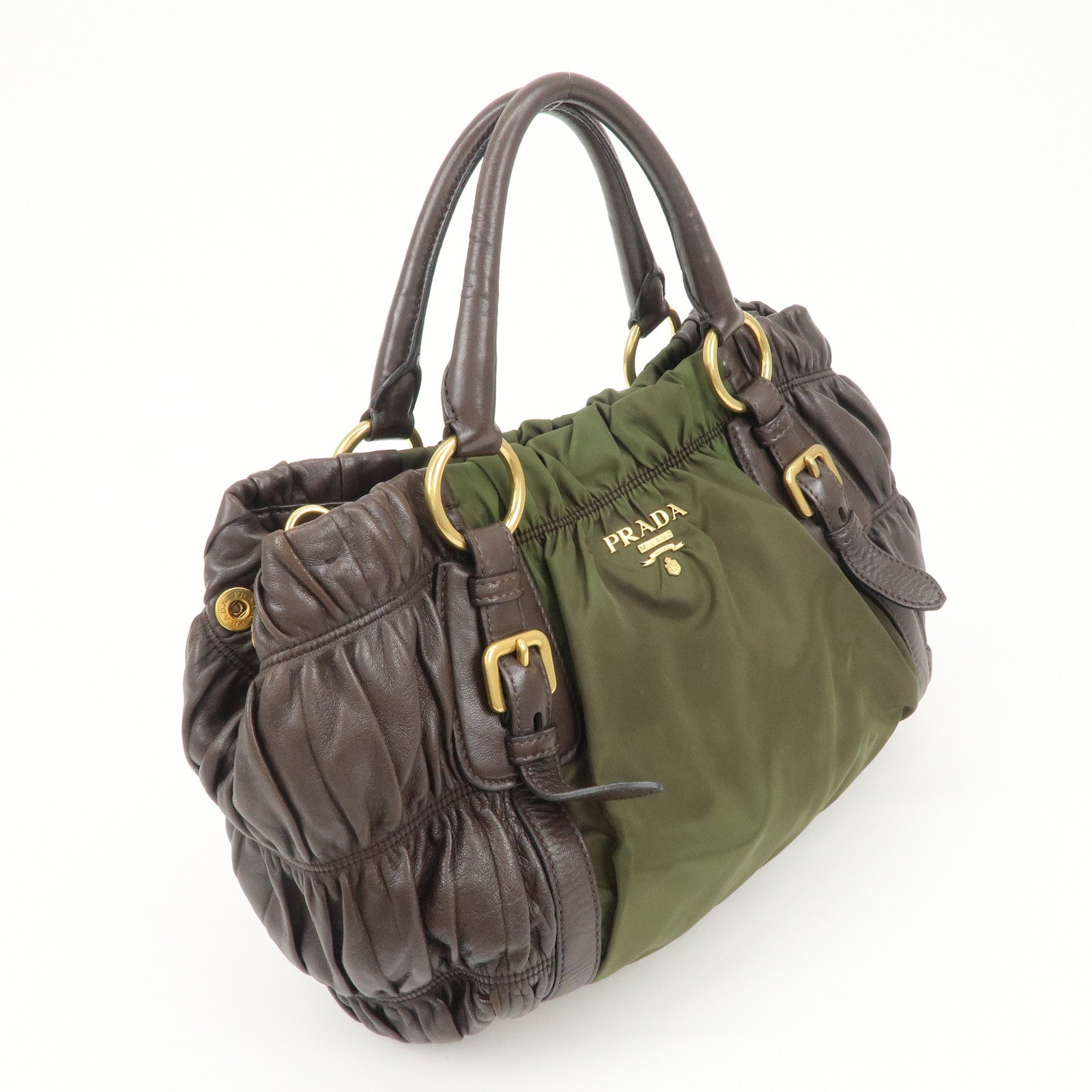 PRADA Nylon Leather Gathered Hand Bag Green Brown BN1793