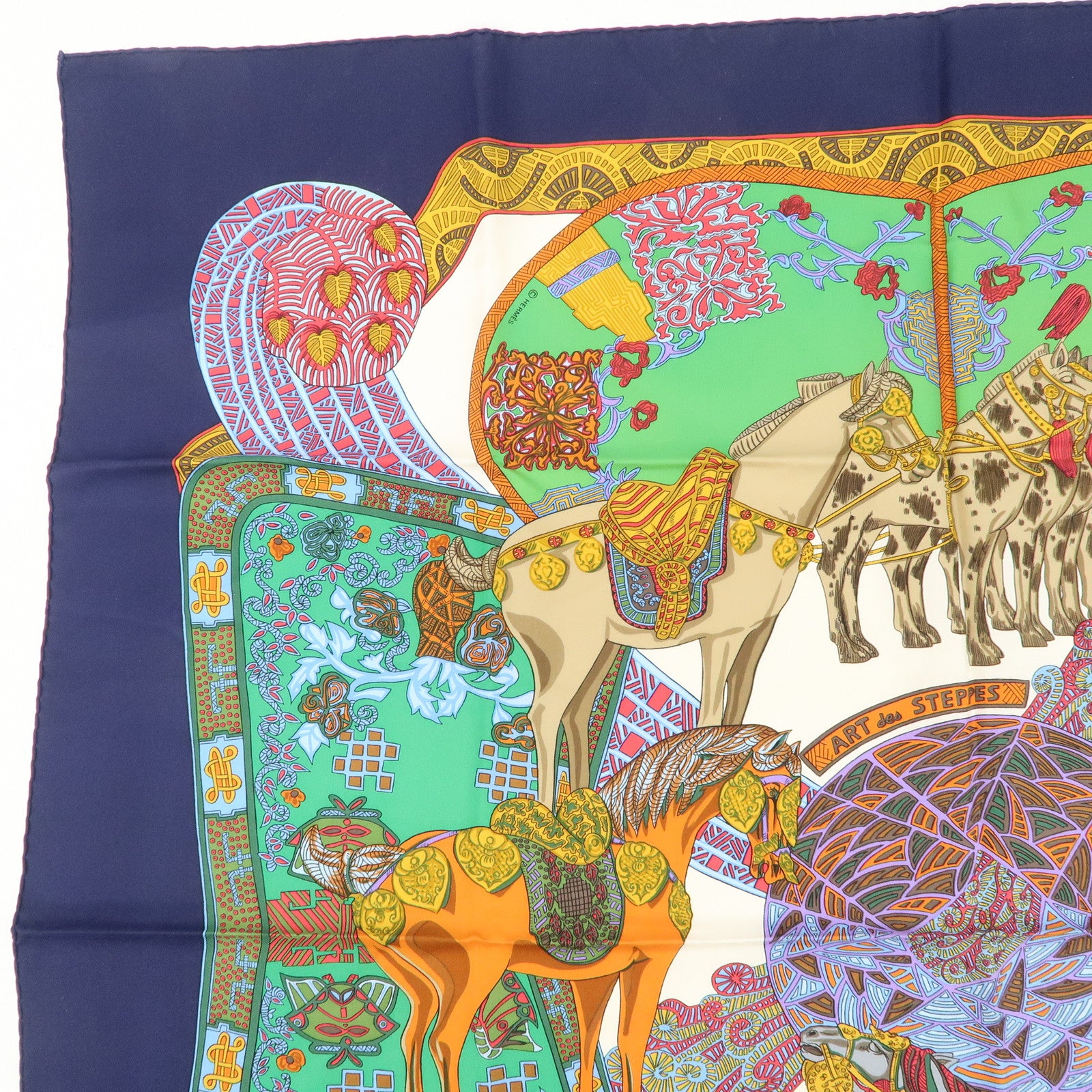 HERMES Carre90 Silk 100% ART des STEPPES Navy Multicolor Used