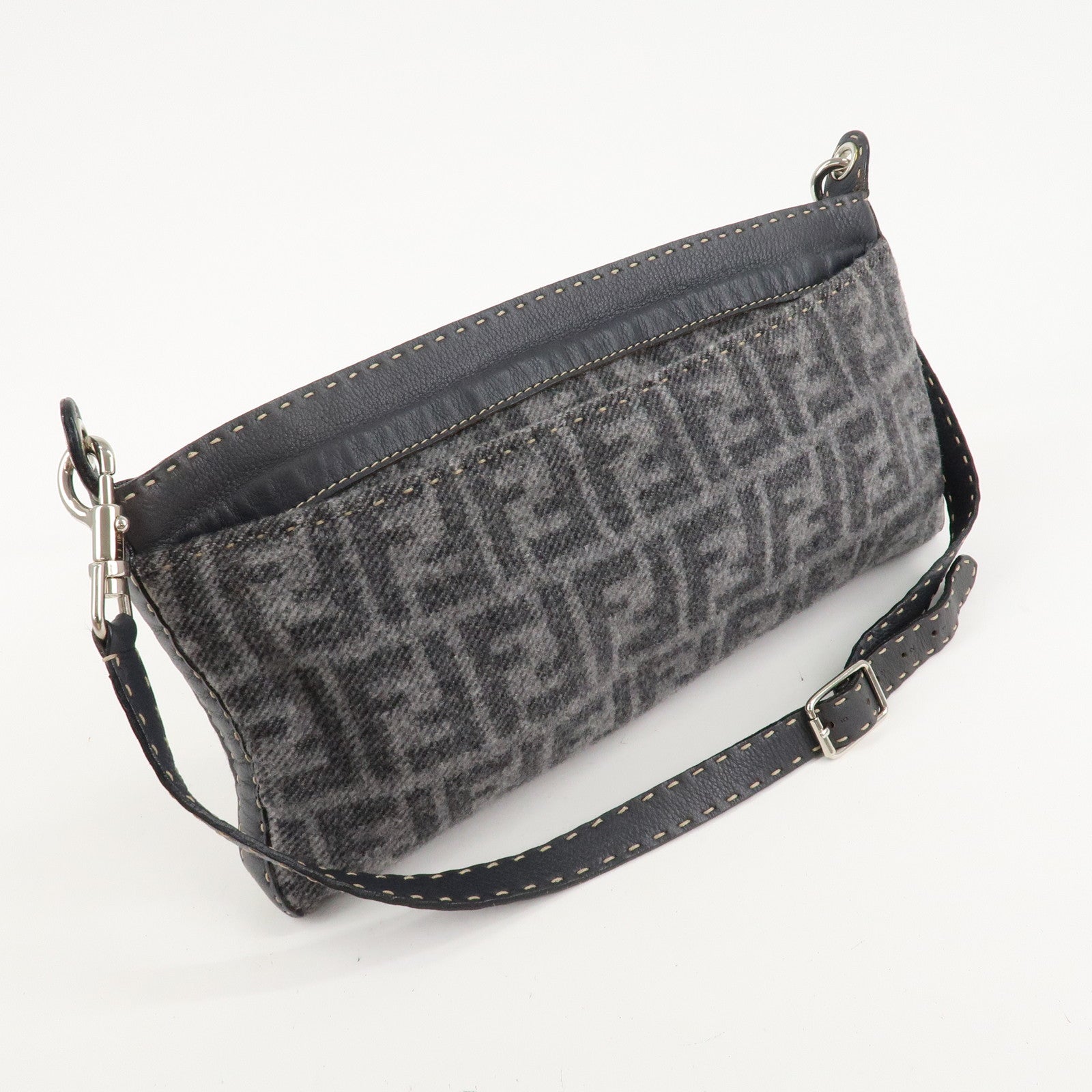 FENDI Zucca Selleria Wool Shoulder Bag Gray Silver Hardware Used