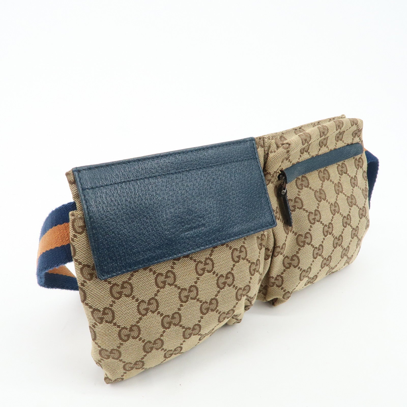 GUCCI GG Canvas Leather Waist Bag Waist Pouch Beige Navy 28566 Used