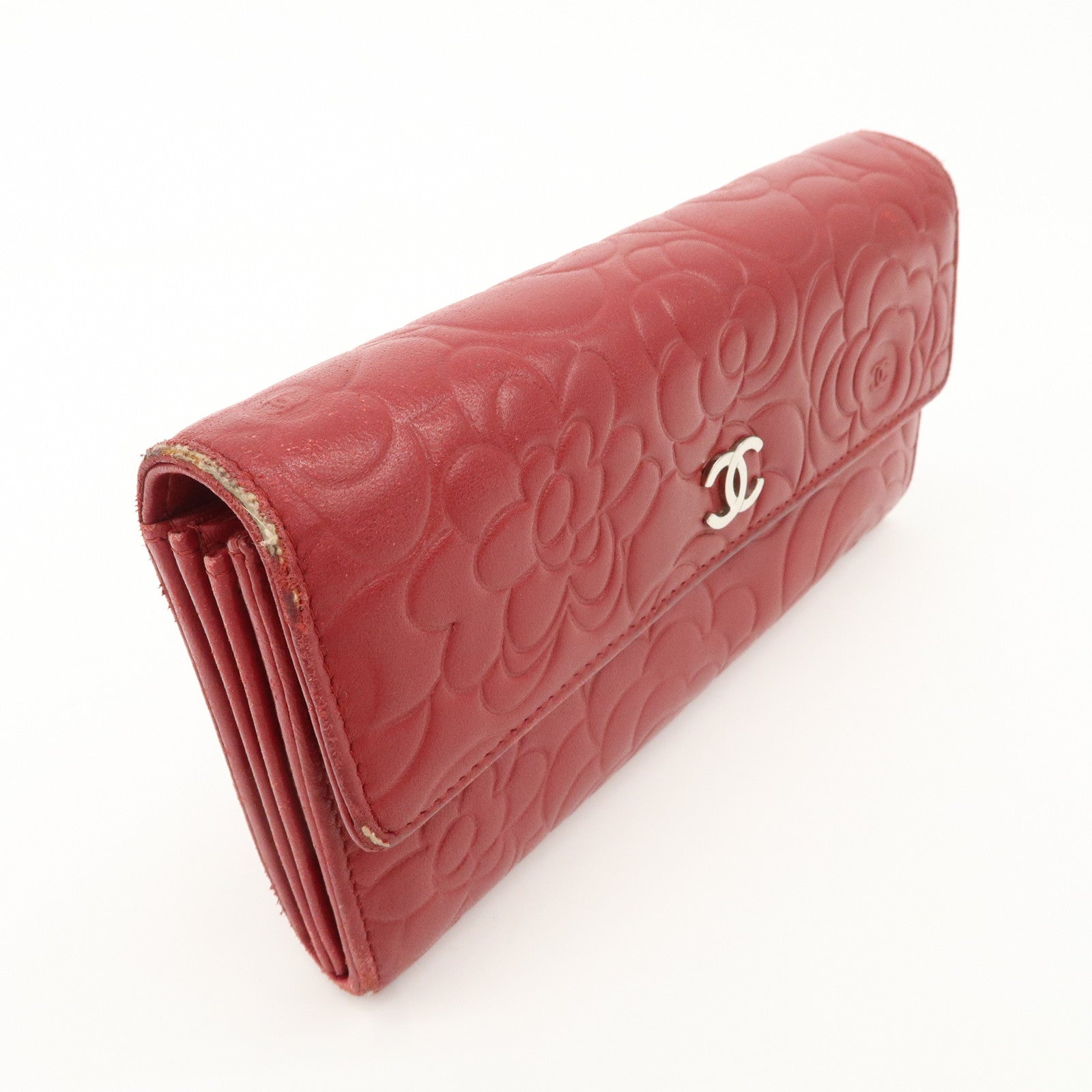 CHANEL Camelia Lamb Skin Bi-fold Long Wallet Red