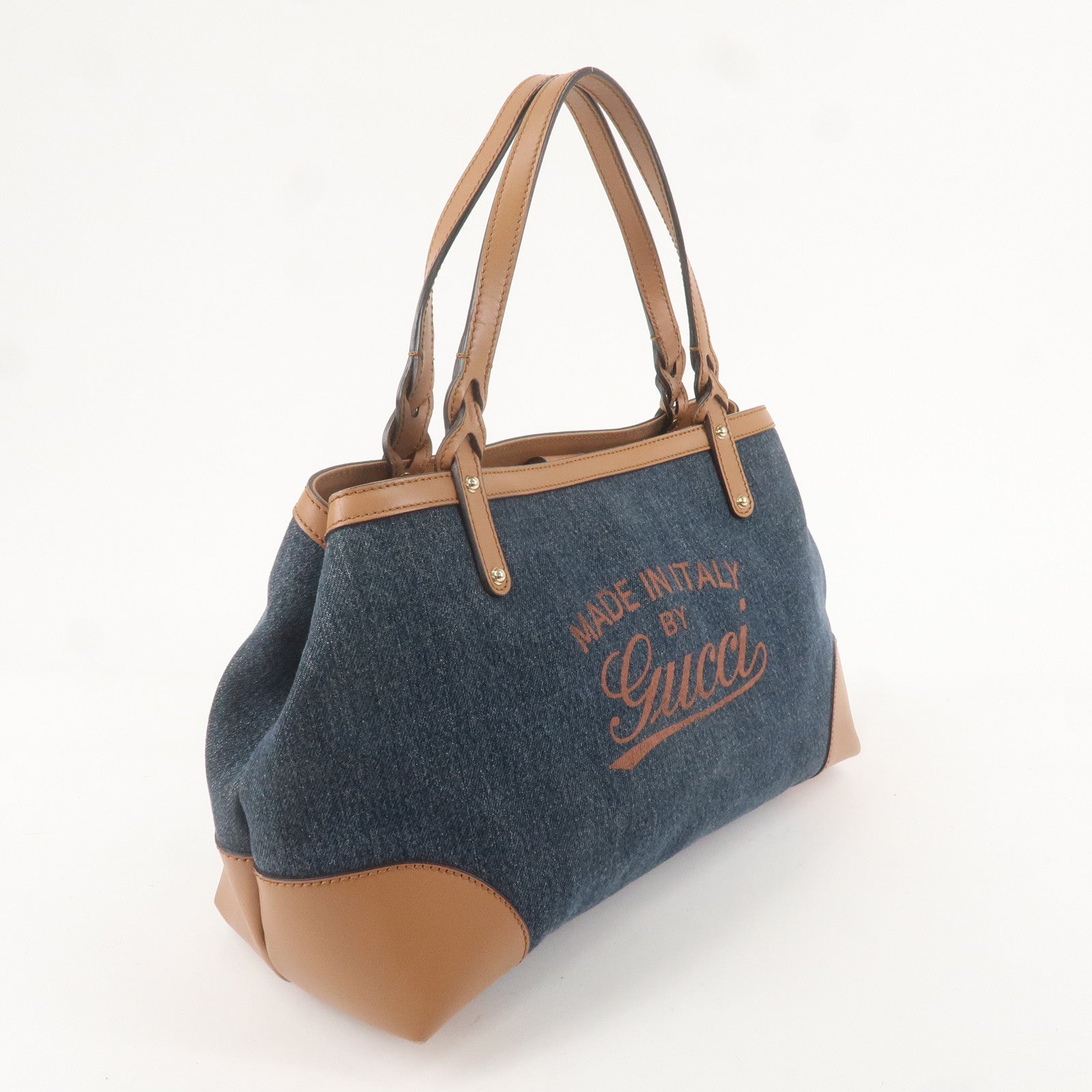 GUCCI Craft Denim Leather Tote Bag Navy Brown 348715