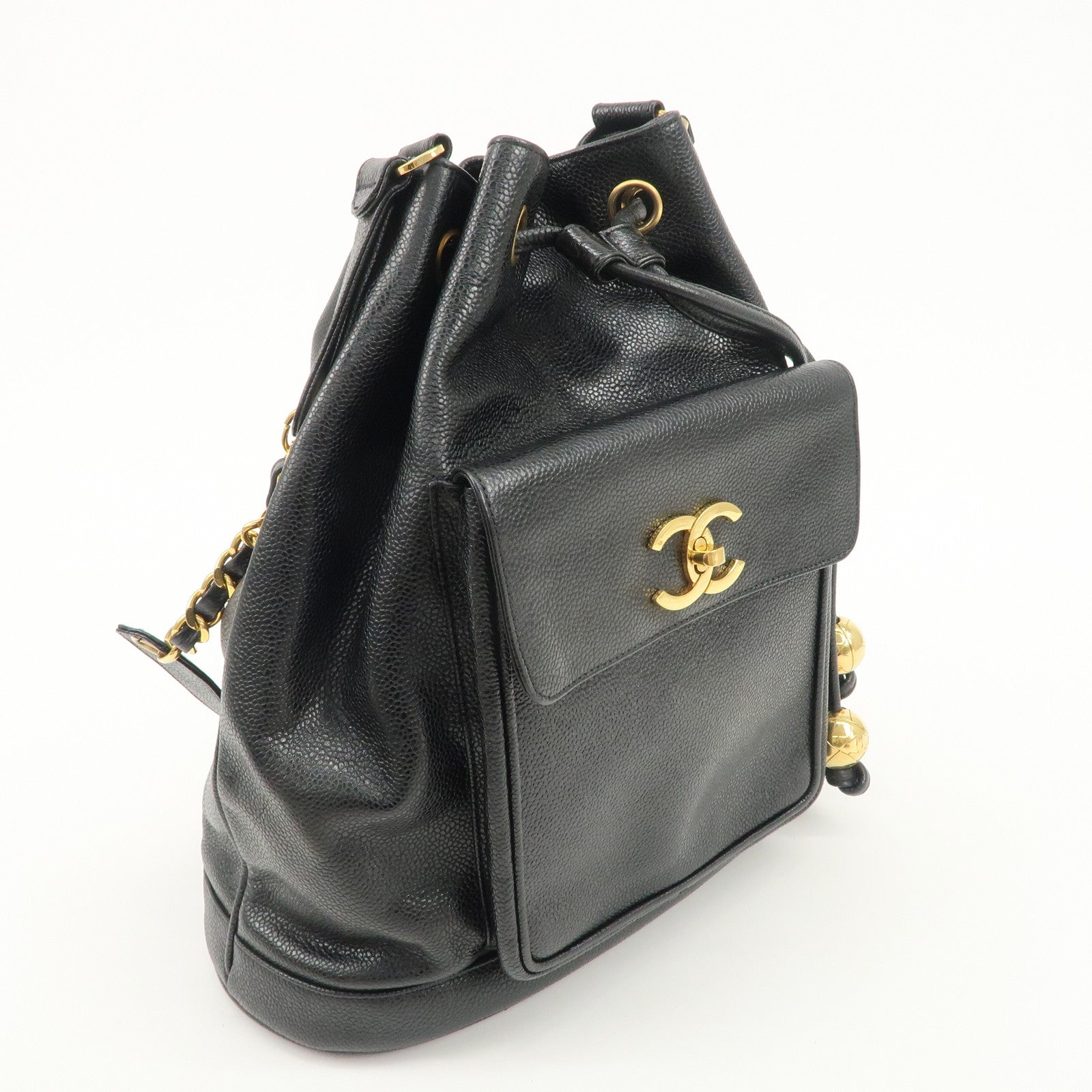 CHANEL Caviar SKin Drawstring Chain Shoulder Bag Black