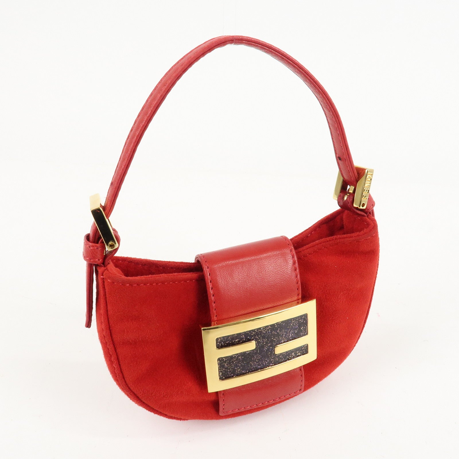 FENDI Suede Leather Mini Croissant Hand Bag Red 26673