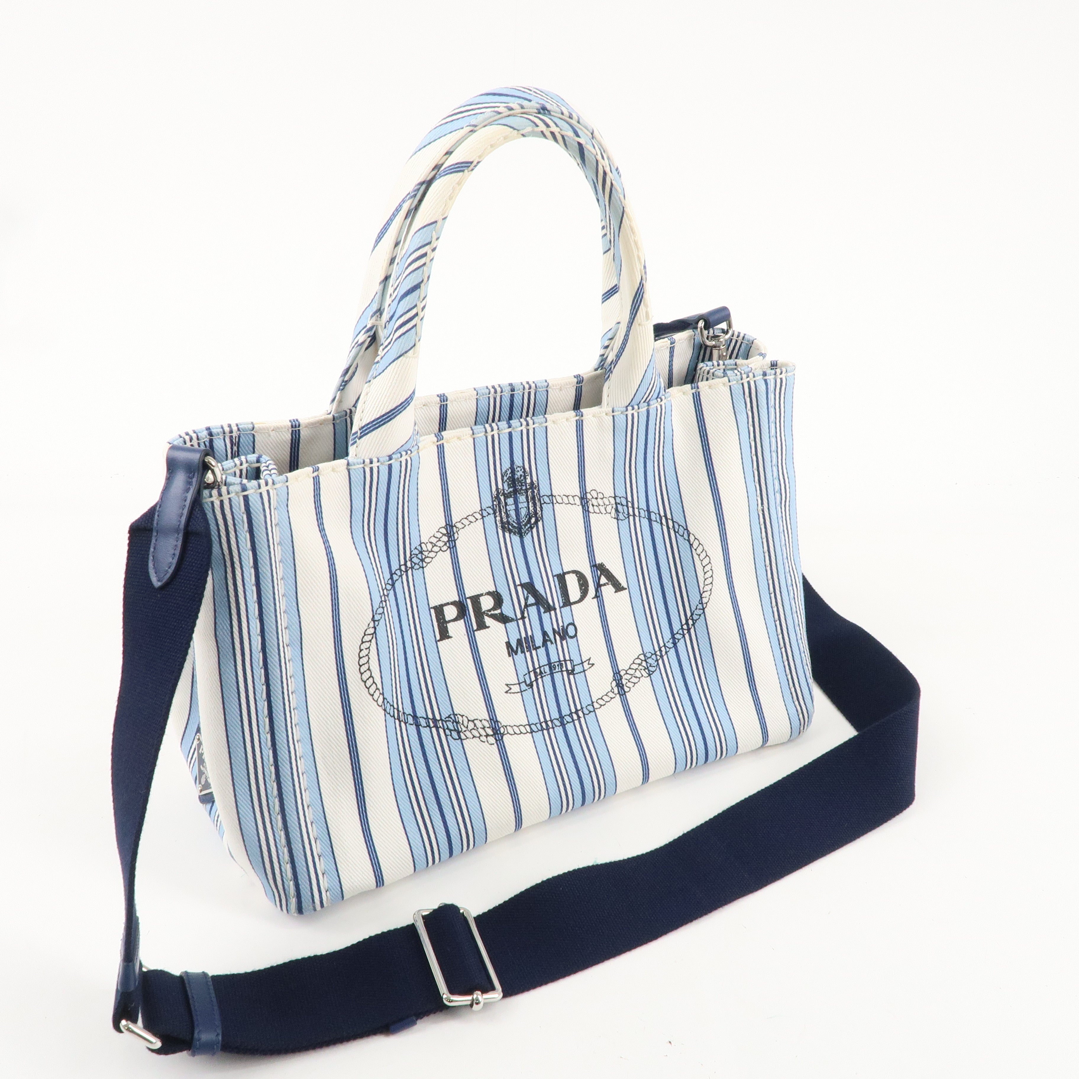 PRADA Canapa Canvas Mini Stripe 2Way Bag Hand Bag White Blue