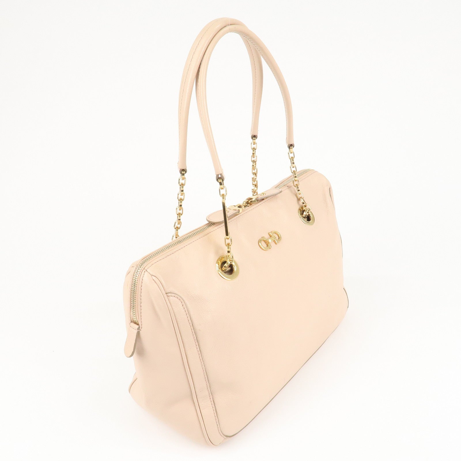 Ferragamo Gancini Chain Shoulder Bag Hand Bag Pink Beige Used