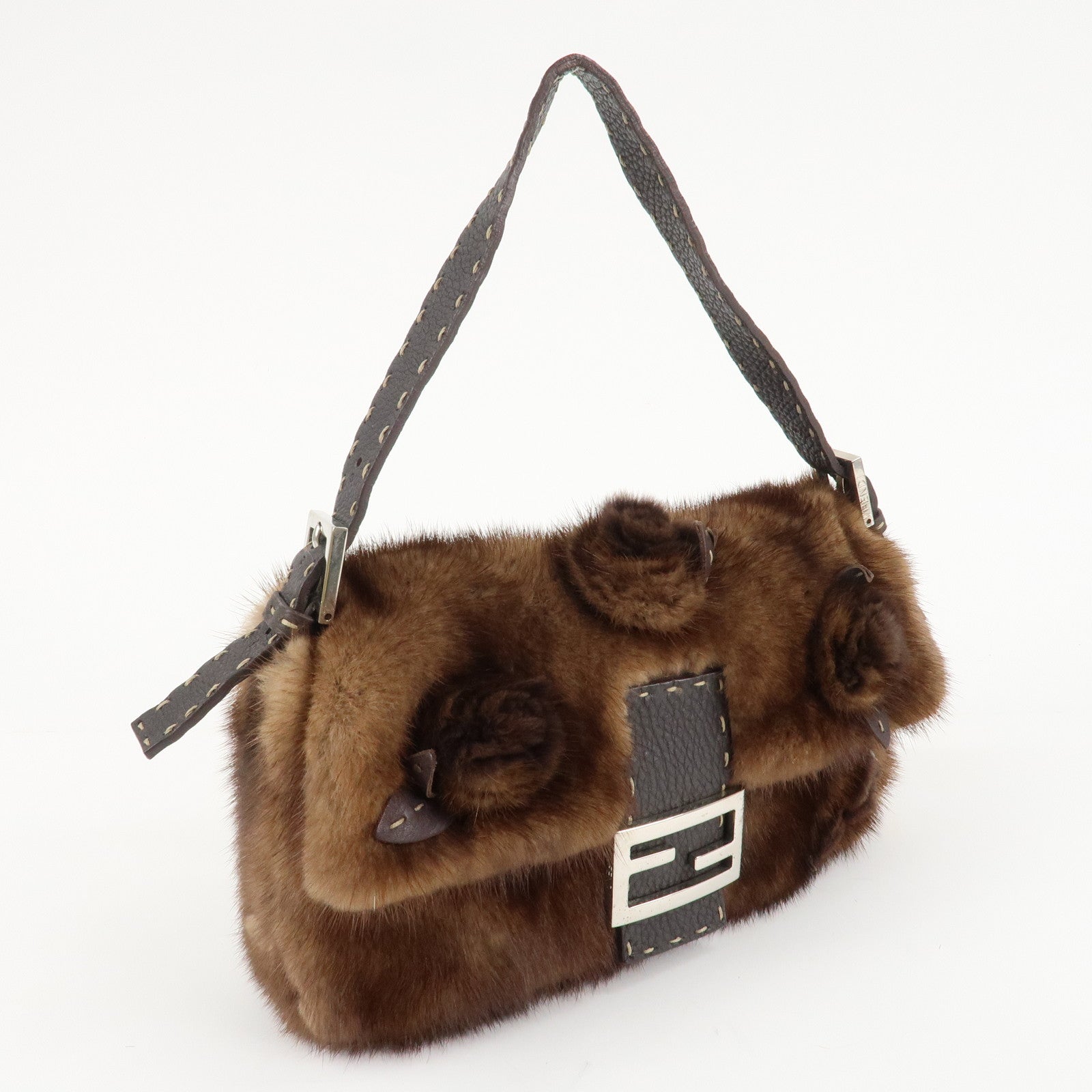 FENDI Mamma Baguette Selleria Mink Leather Shoulder Bag 8BR101