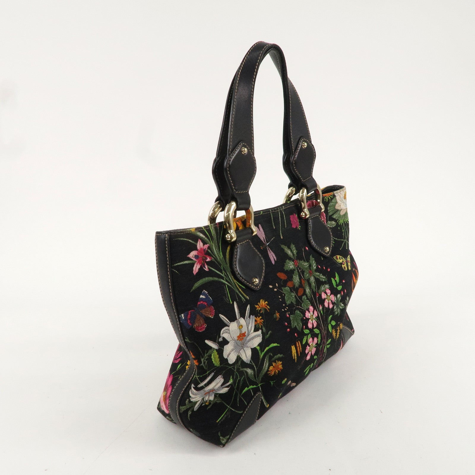 GUCCI Flora Canvas Leather Tote Bag Hand Bag Black 153024