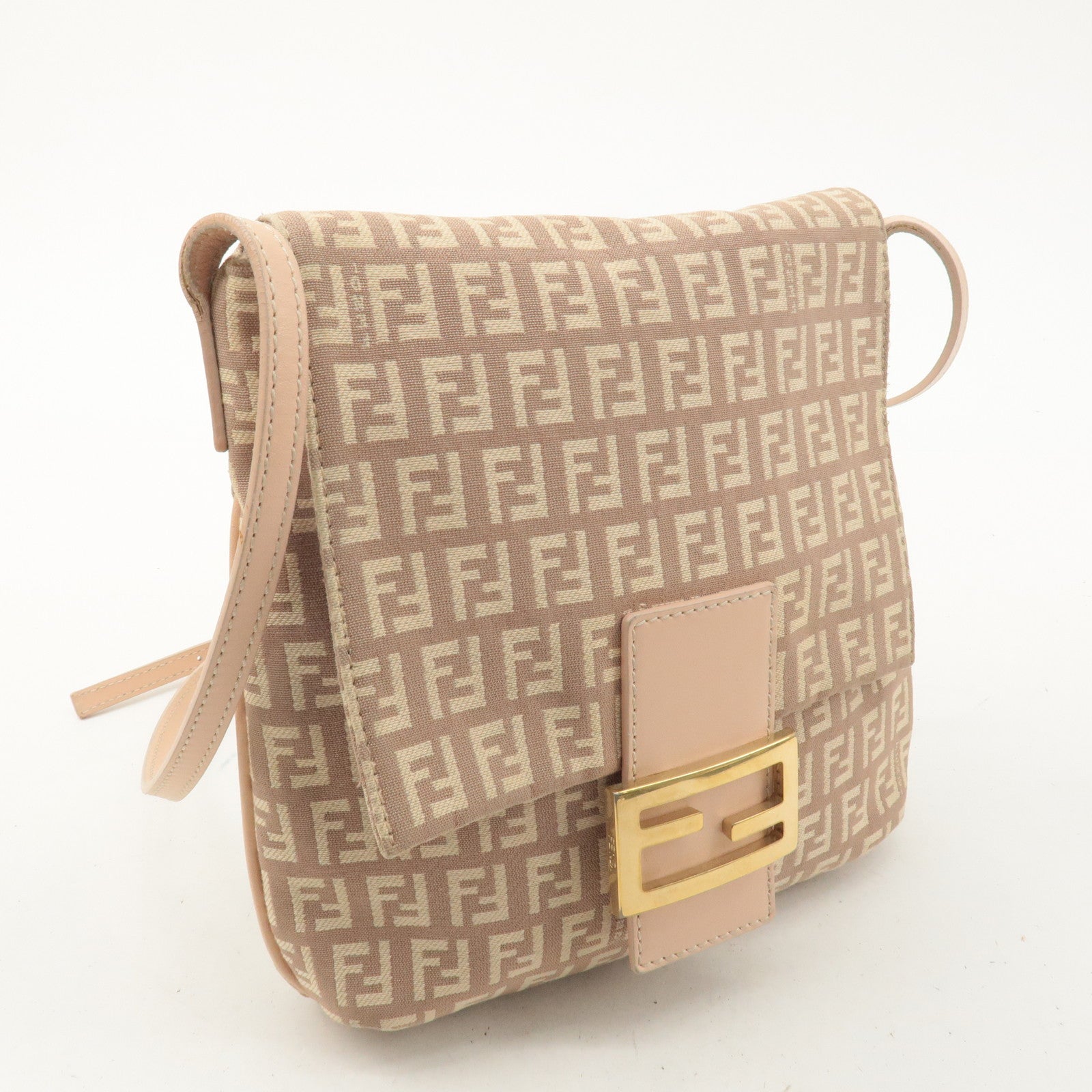 FENDI Zucchino Canvas Leather Shoulder Bag Pink Beige 8BT075