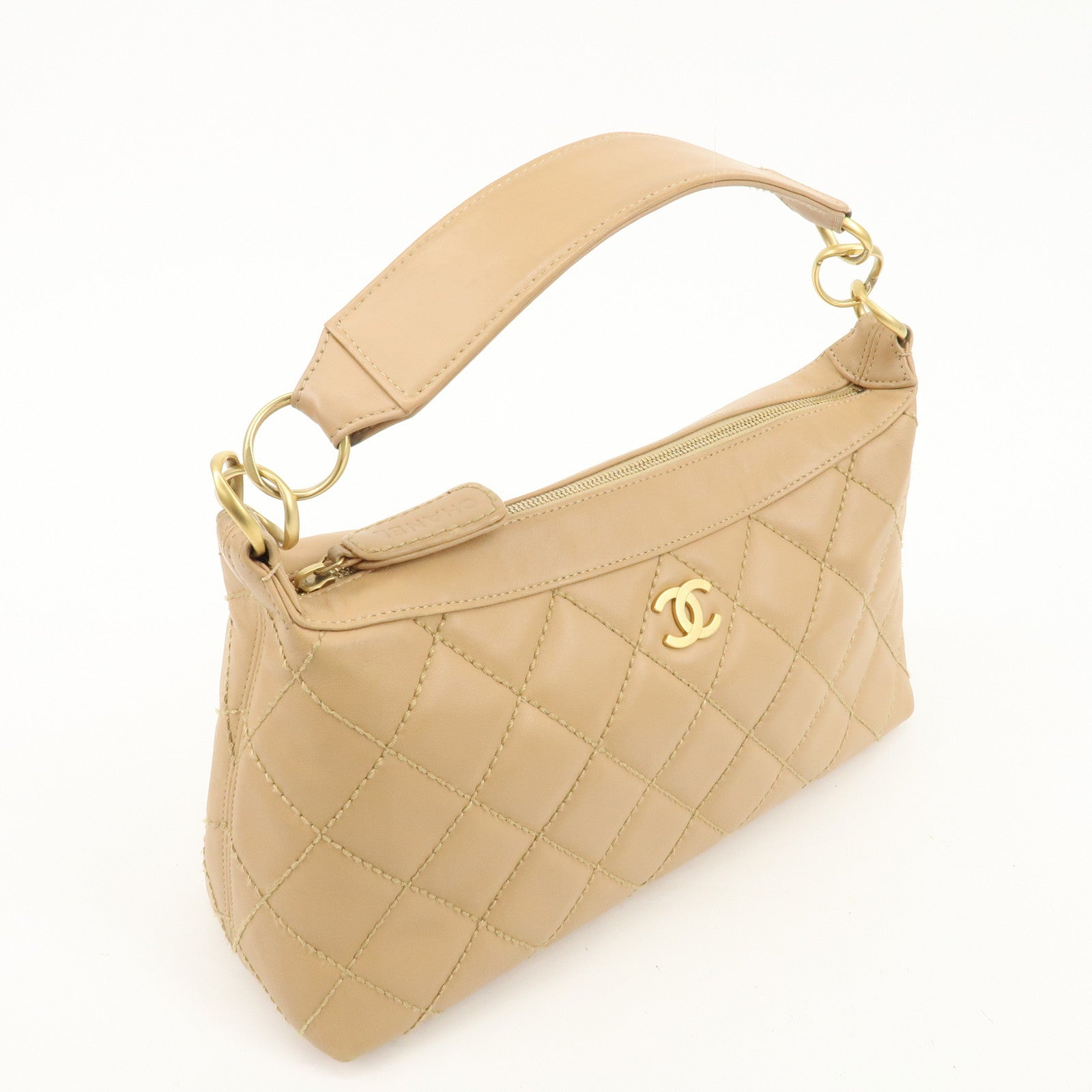 CHANEL Wild Stich Lambskin Shoulder Bag Hand Bag Beige A20663