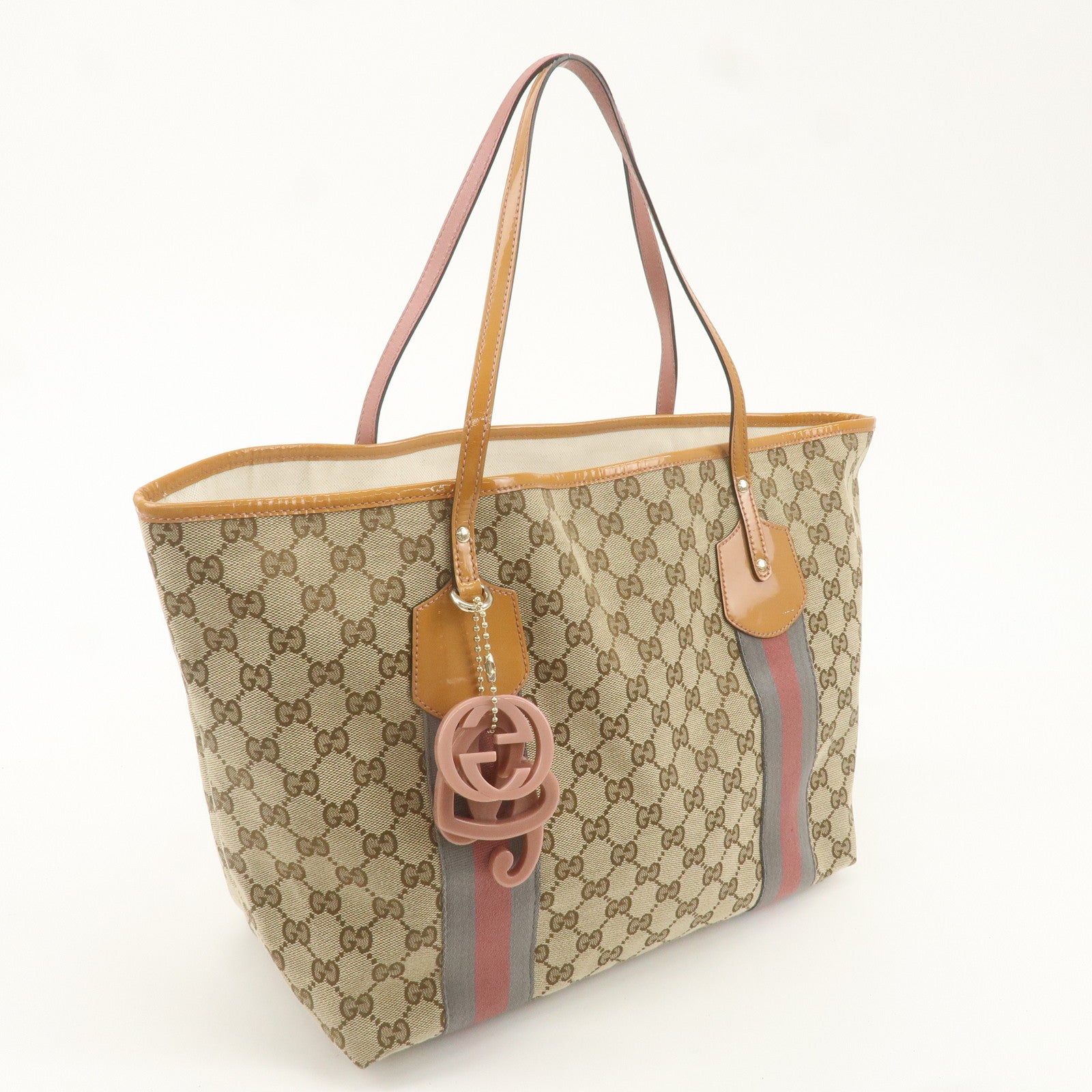 GUCCI Sherry Enamel Leather GG Canvas Tote Bag Beige 211970