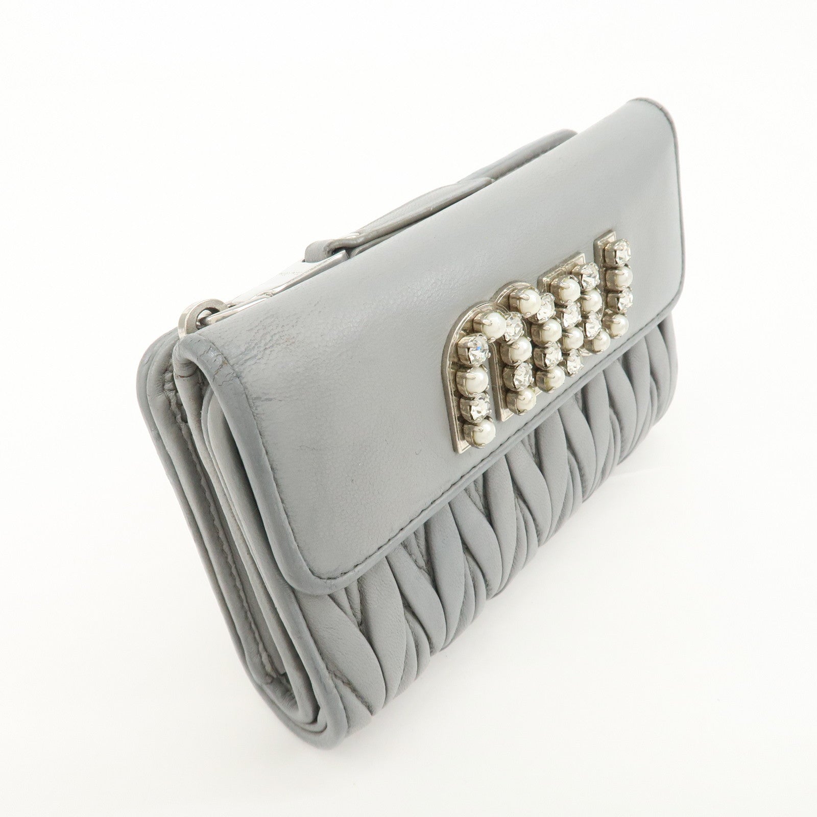 MIU MIU Matelasse Leather Bijoux Studs Tri-fold Wallet Gray