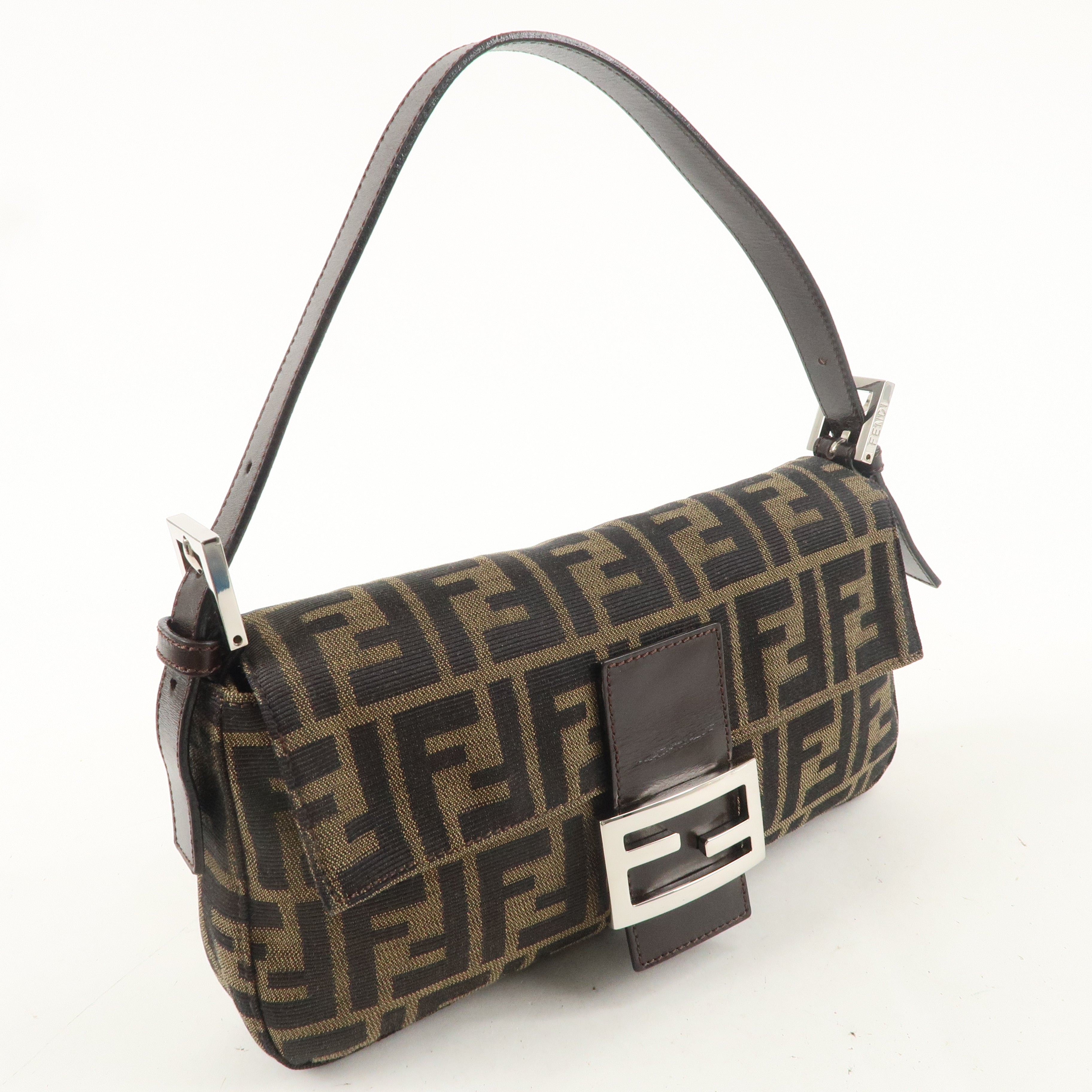 FENDI Mamma Baguette Canvas Leather Shoulder Bag Brown Black 26424