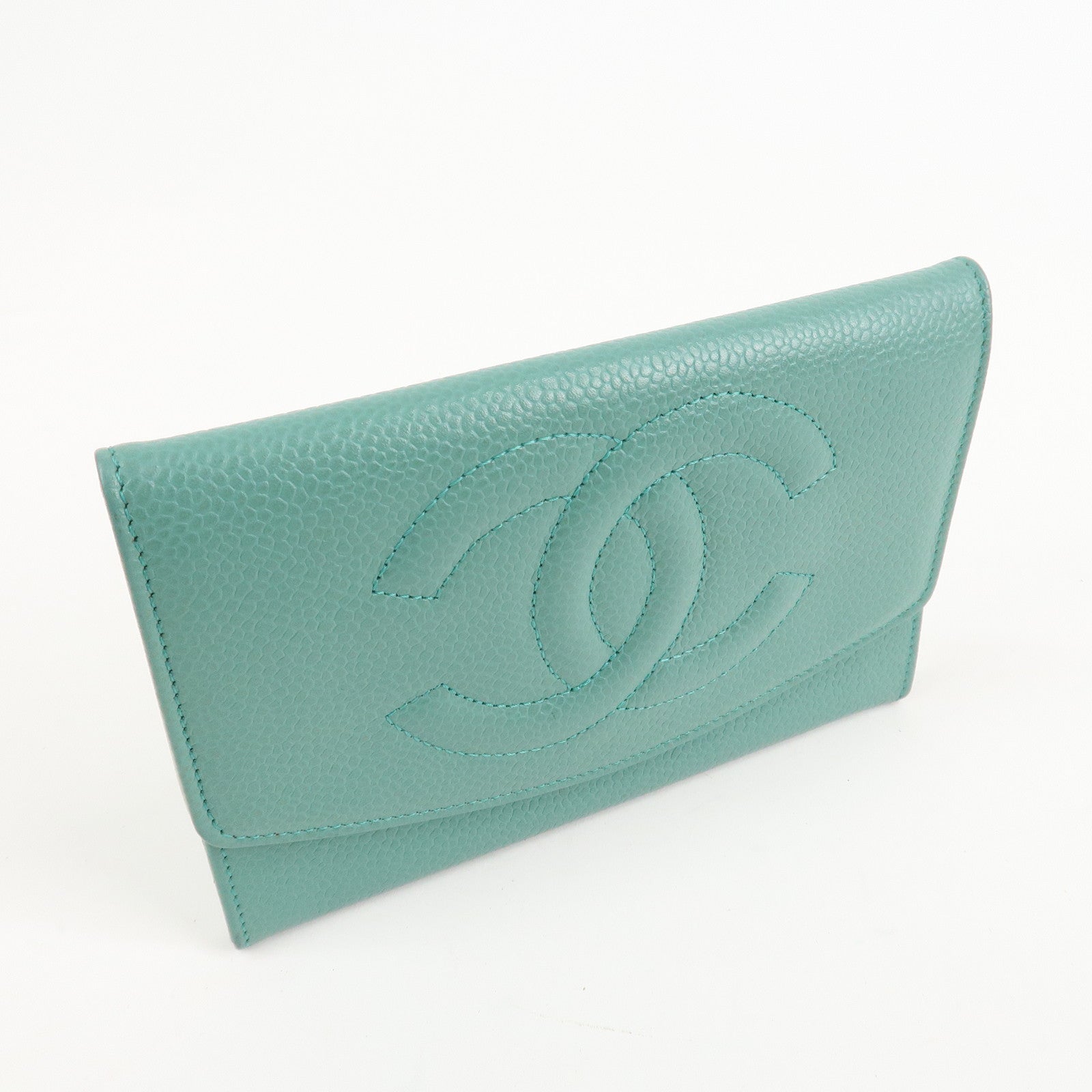 CHANEL Caviar Skin Coco Mark Bi-fold Wallet Green Used