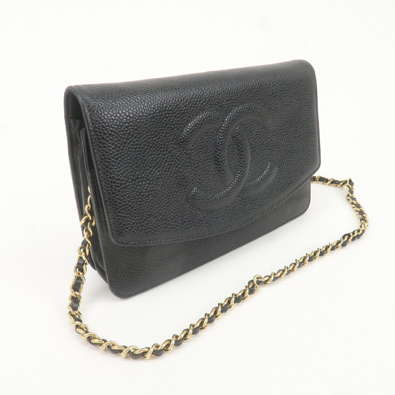 CHANEL COCO Mark Caviar Skin Chain Wallet Black Gold HDW A13509