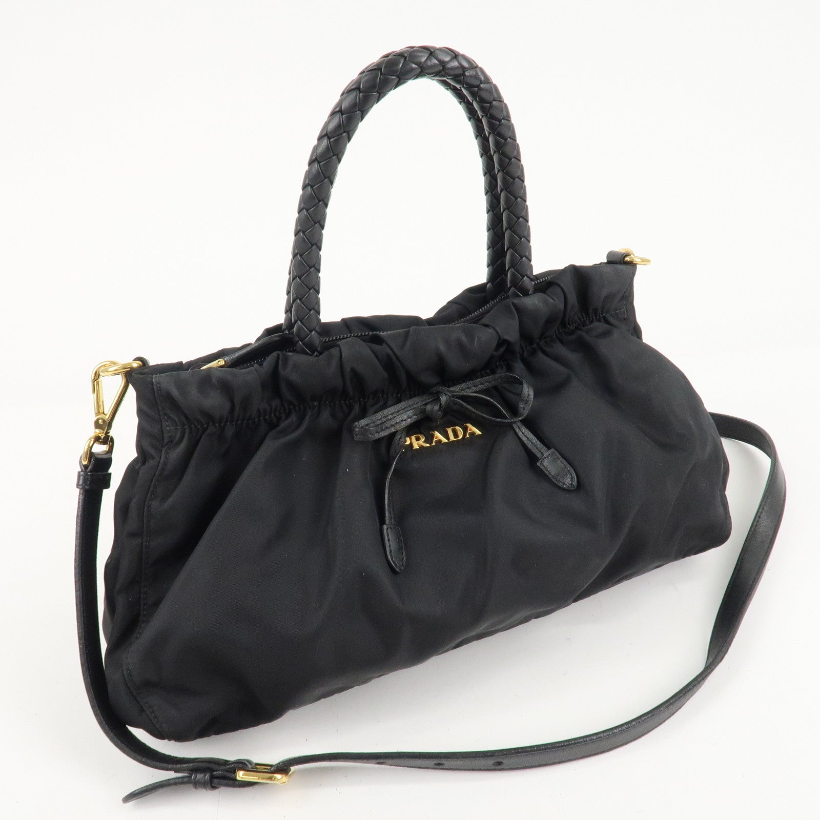 PRADA Nylon Leather Ribbon 2Way Shoulder Bag Black BN1631 Used