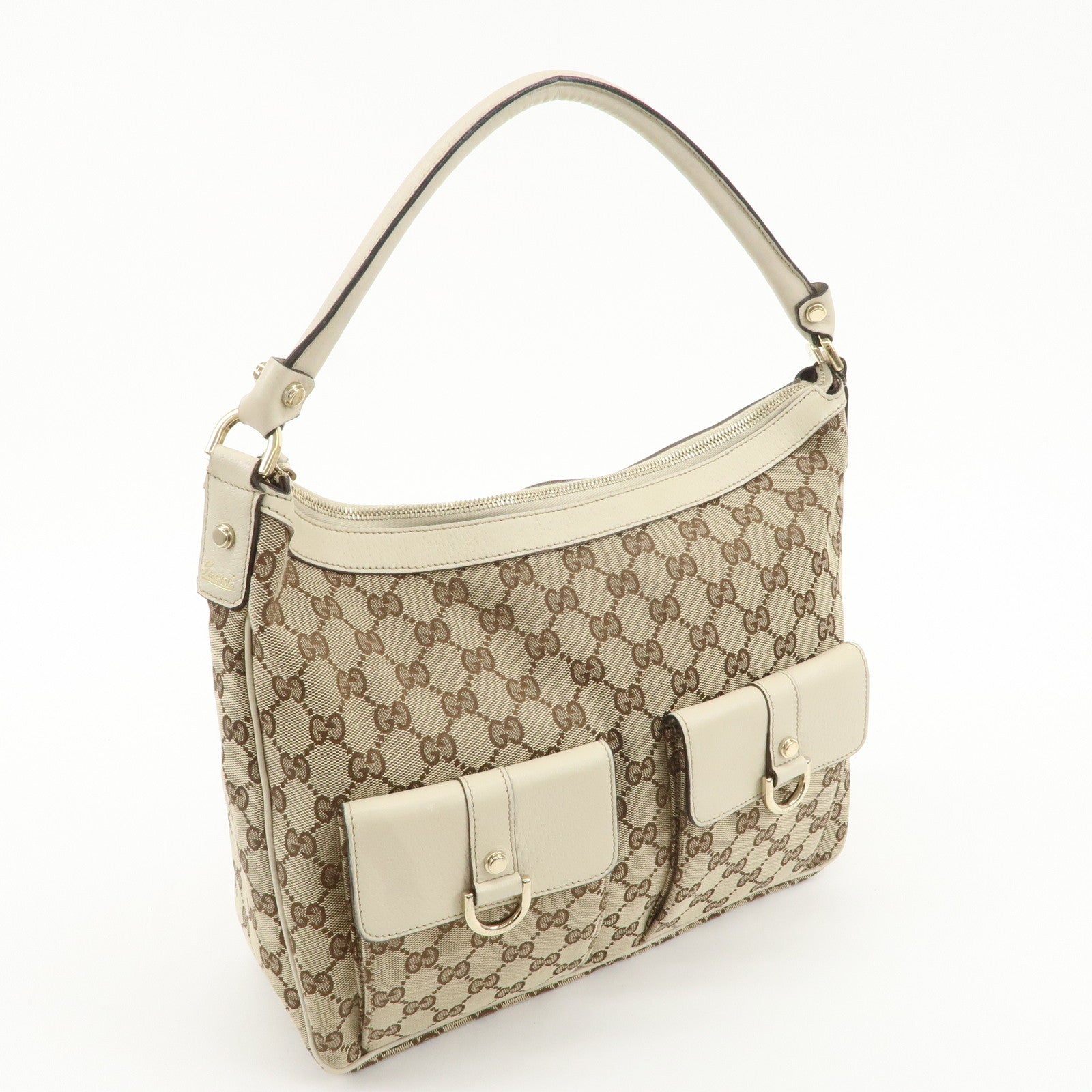 GUCCI GG Canvas Leather Shoulder Bag Beige Ivory 153025 Used