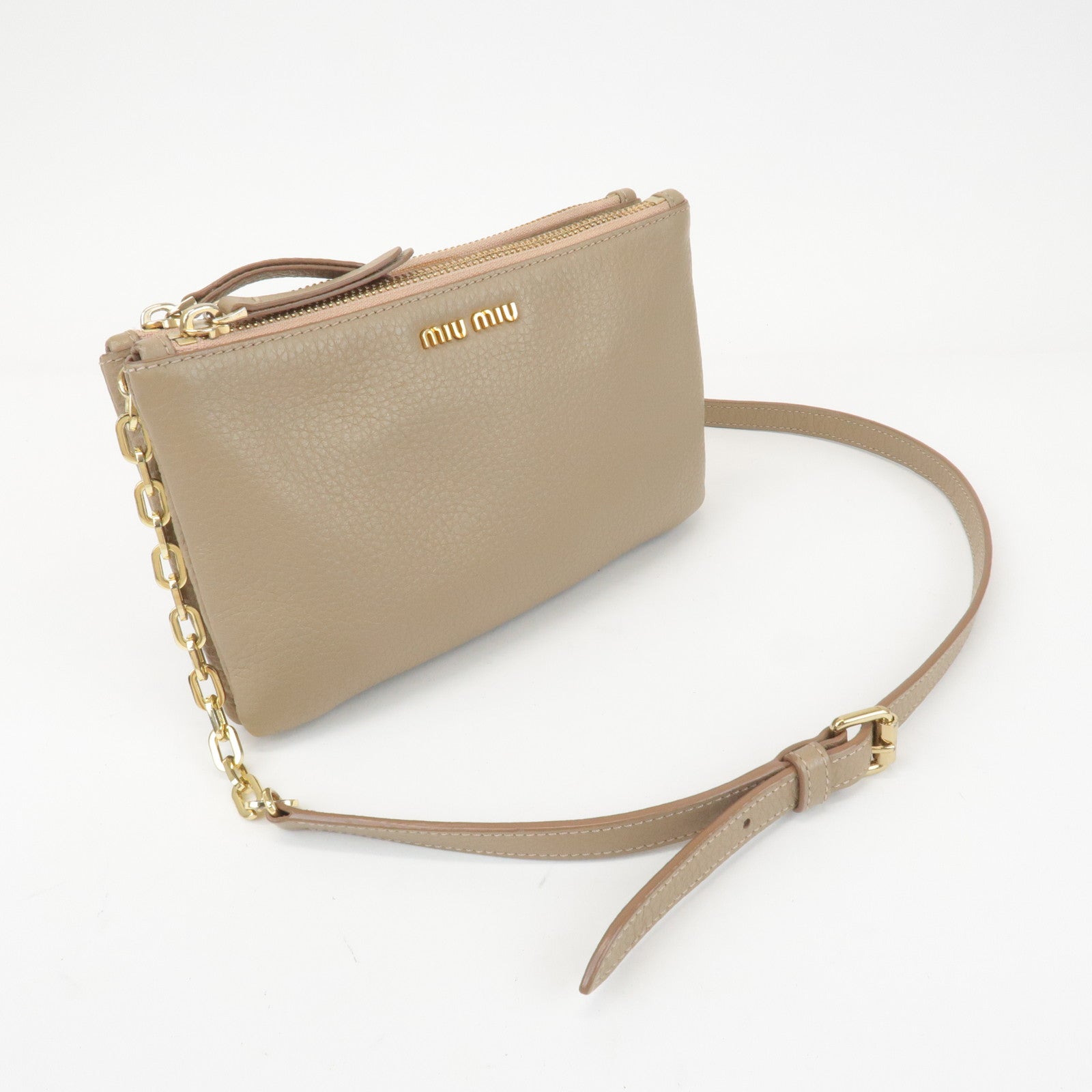 MIU MIU Leather Shoulder Bag Crossbody Bag Beige Used