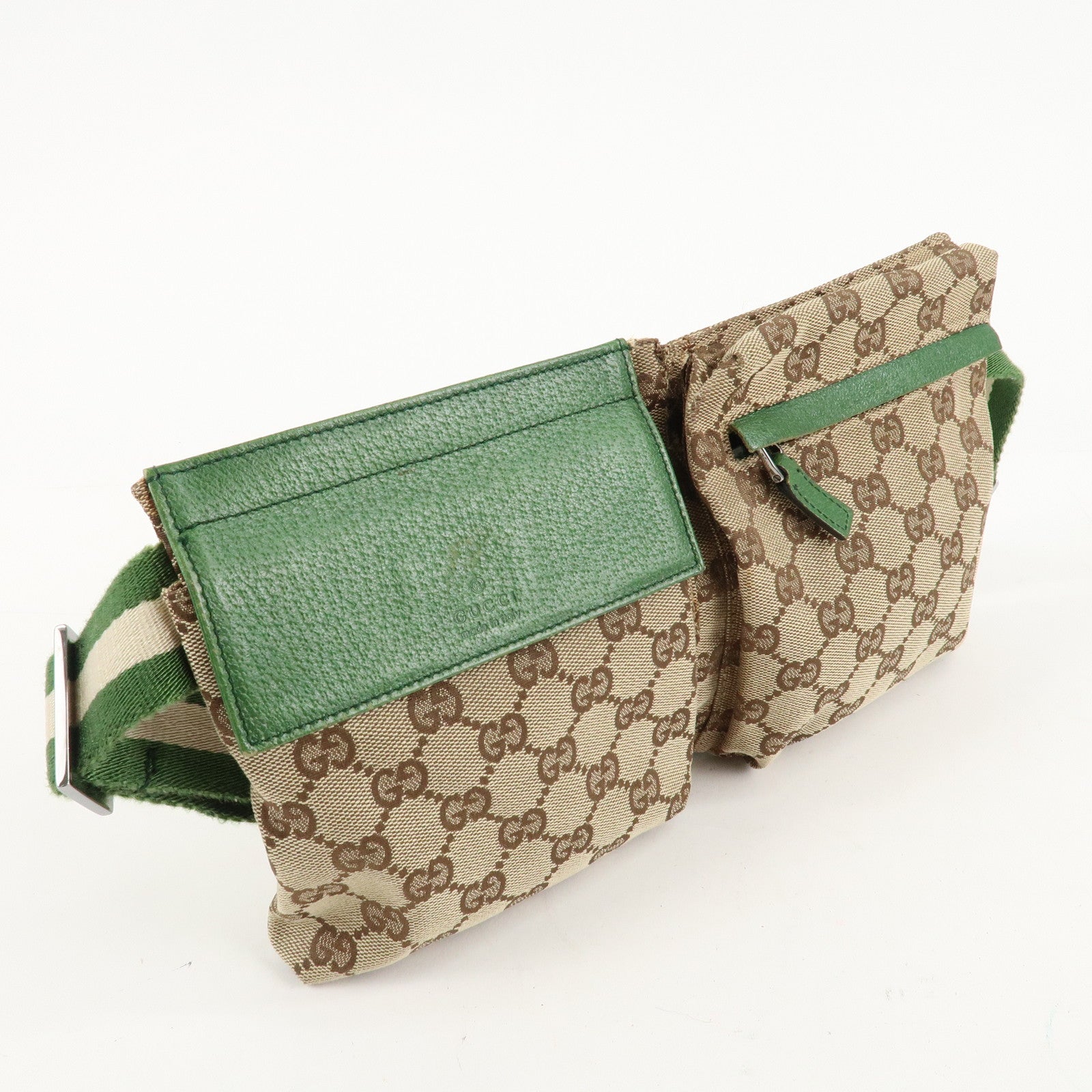 GUCCI GG Canvas Leather Waist Bag Waist Pouch Beige Green 28566 Used