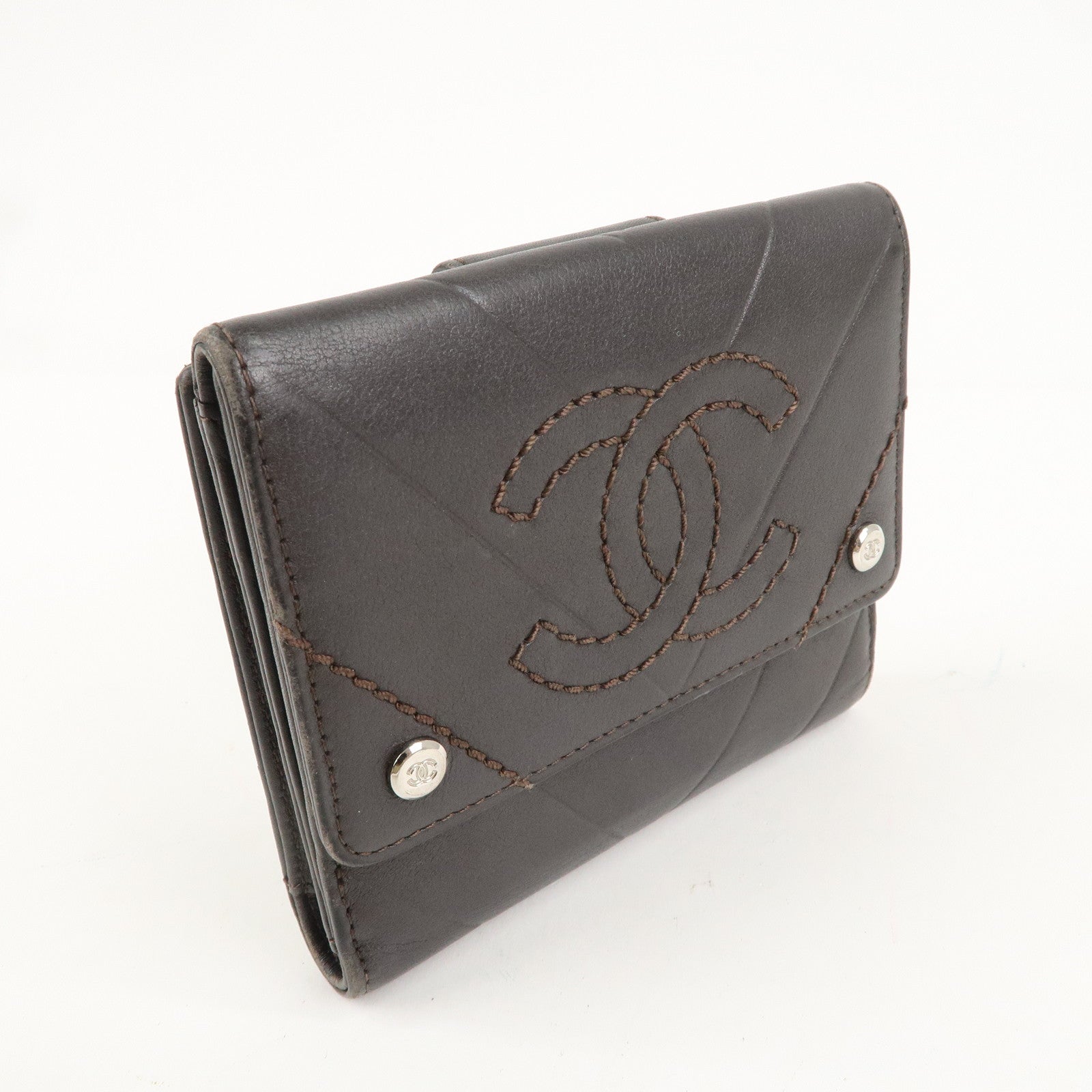 CHANEL Lamb Skin Coco Mark Double Hook Wallet Dark Brown