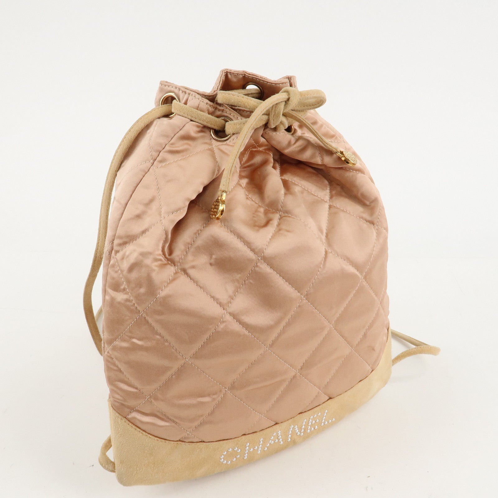 CHANEL Matelasse Satin Suede Back Pack Ruck Sack Pink Beige