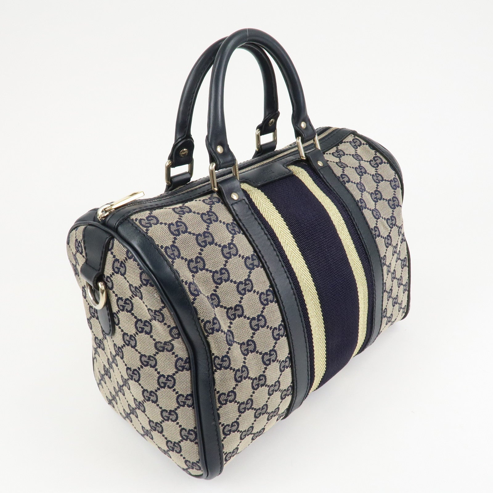 GUCCI Sherry GG Canvas Leather 2Way Boston Bag Navy 247205 Used