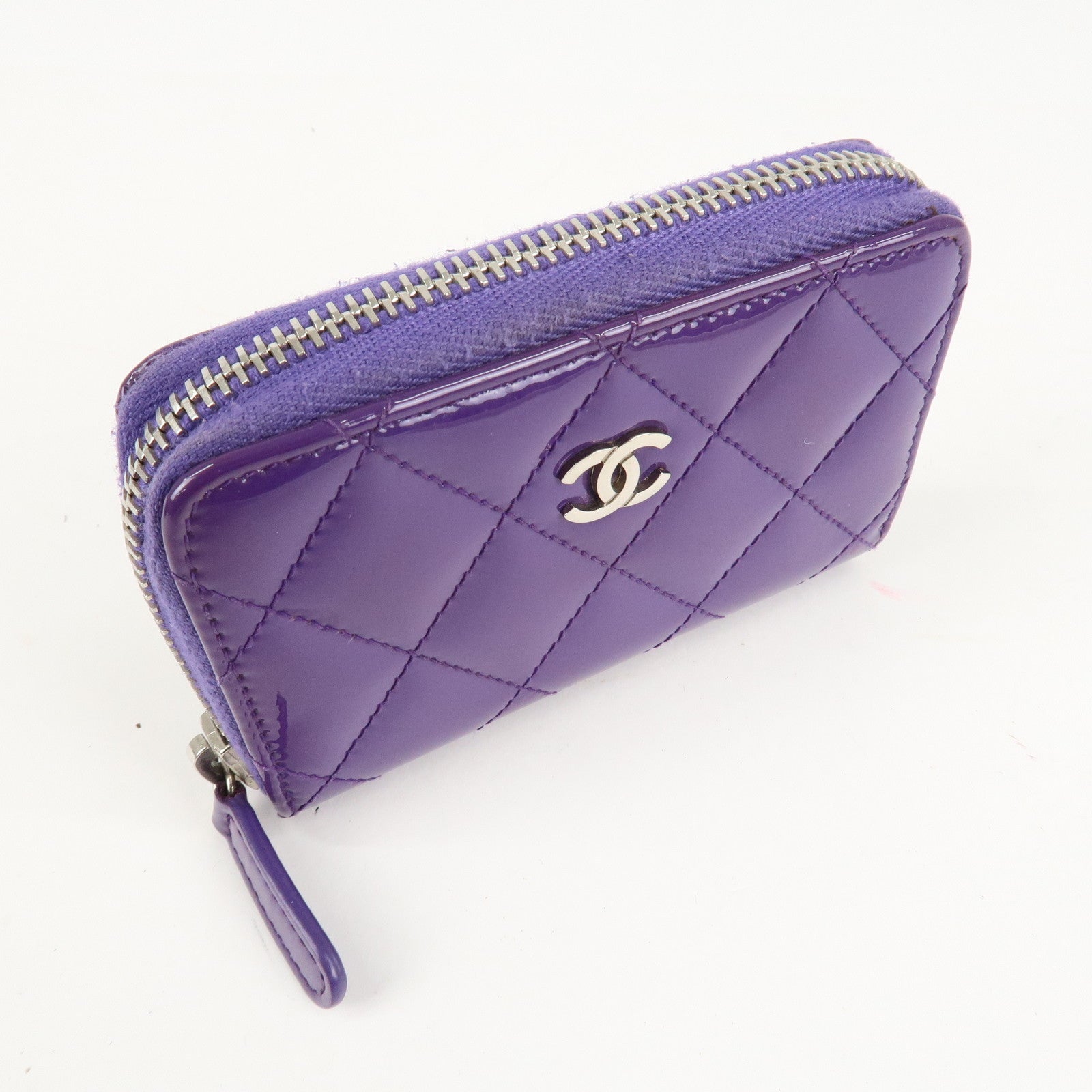 CHANEL Matelasse Patent Leather Card Case Coin Case Purple