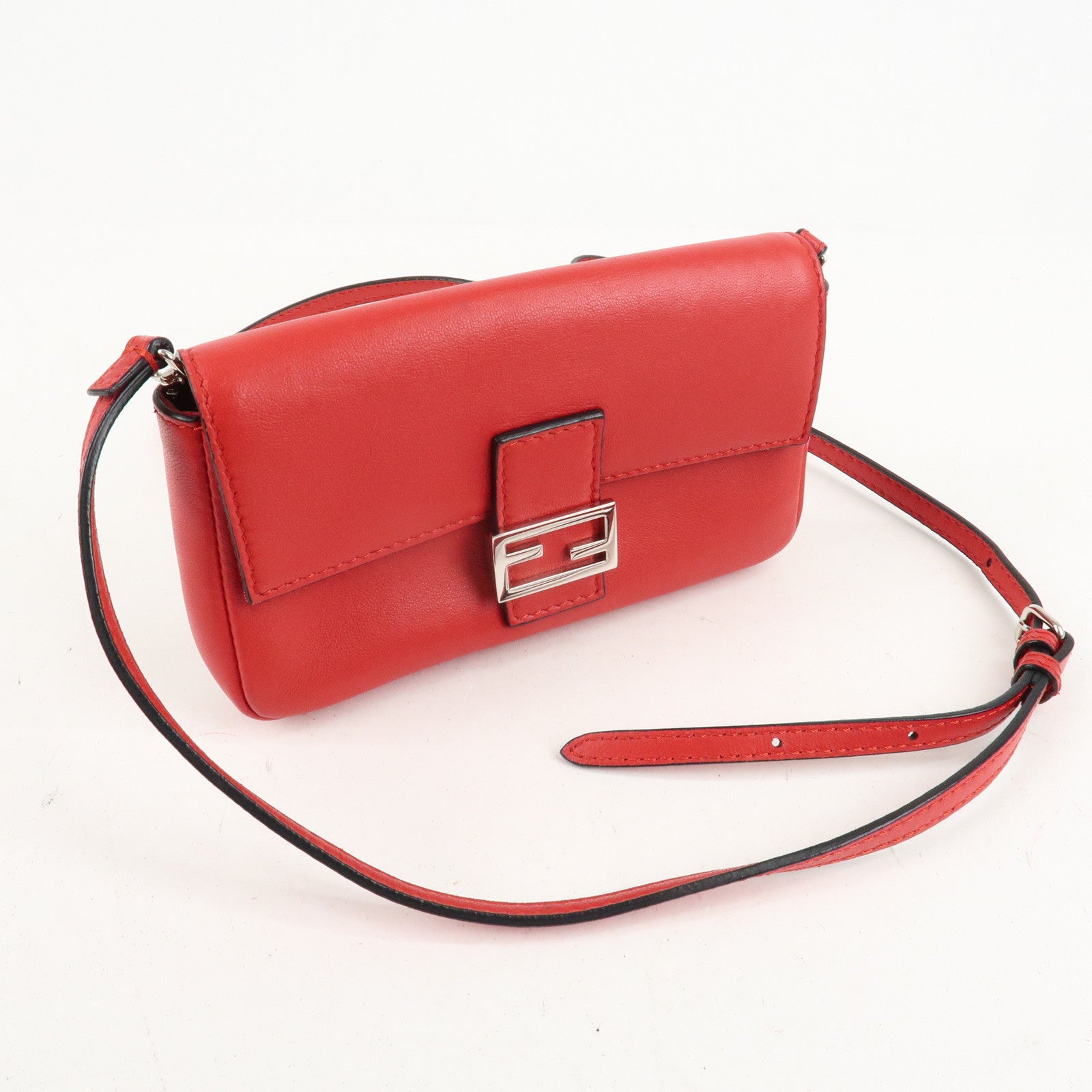 FENDI Micro Baguette Leather Shoulder Bag Red 8M0354 Used