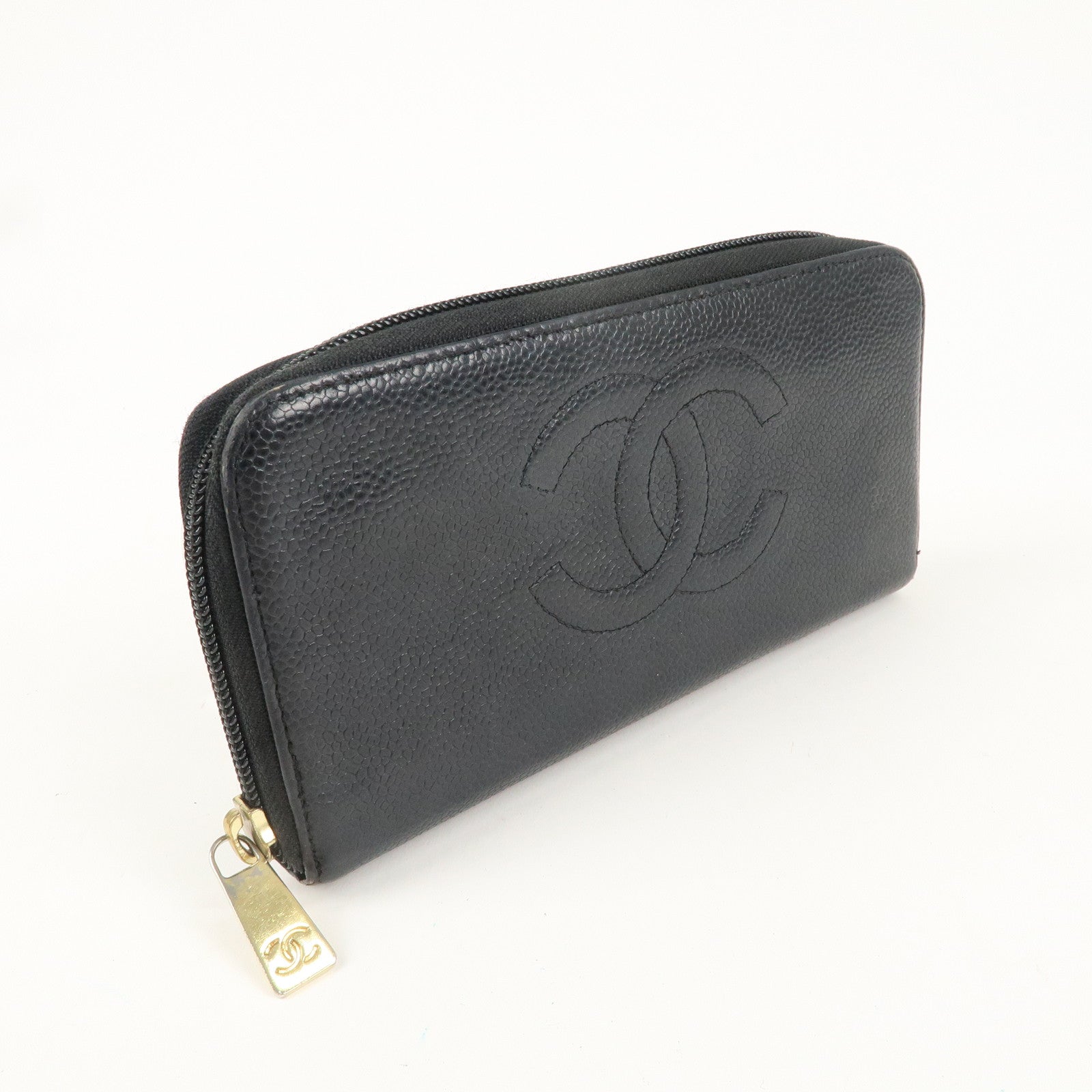 CHANEL Caviar Skin Zippy Round Long Wallet Purse Black A13228