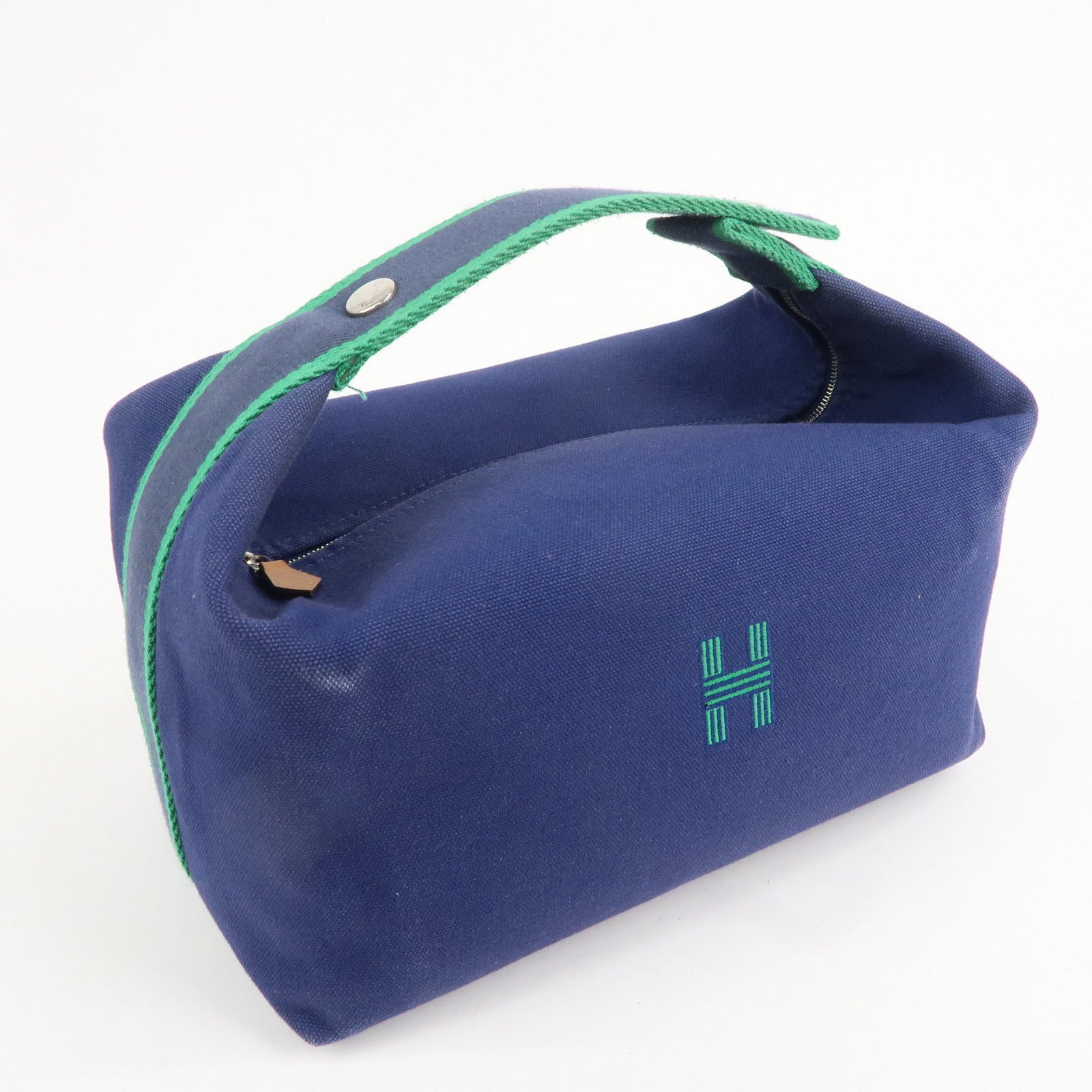 HERMES Canvas Leather Bride a Brac GM Hand Bag Navy Green