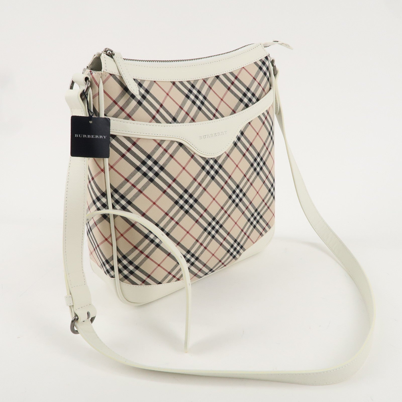 BURBERRY Canvas Leather Nova Plaid Shoulder Bag Beige Ivory