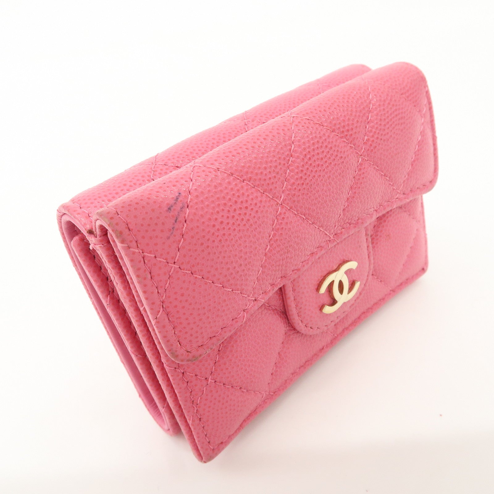 CHANEL Matelasse Caviar Skin Tri-Fold Wallet Pink A84401