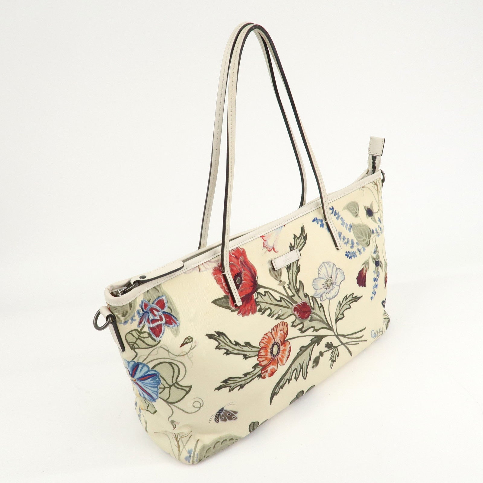 GUCCI Flora Canvas Leather Tote Bag Hand Bag Ivory 353437 Used