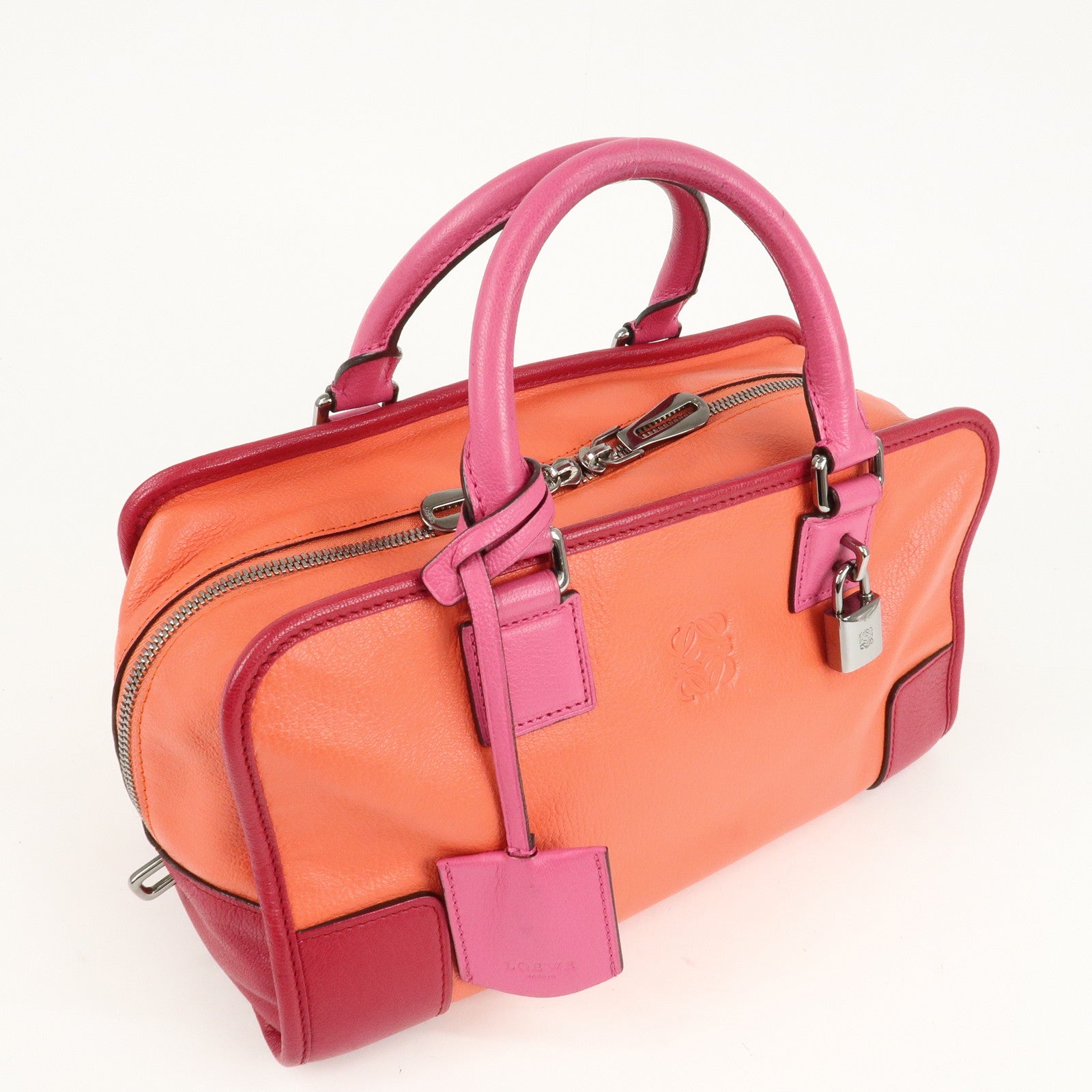 LOEWE Anagram Leather Amazona 28 Hand Bag Orange Bordeaux Pink Used