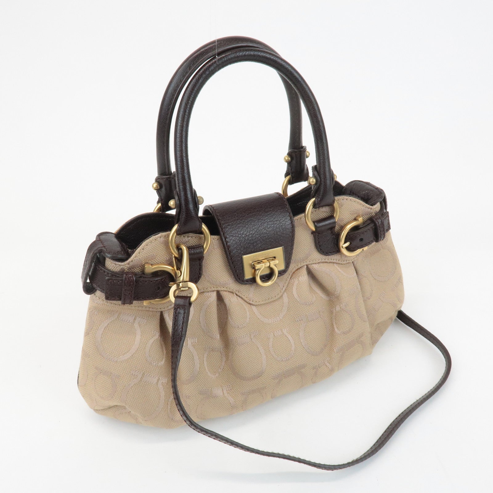 Ferragamo Gancini Canvas Leather 2Way Bag Beige Dark Brown