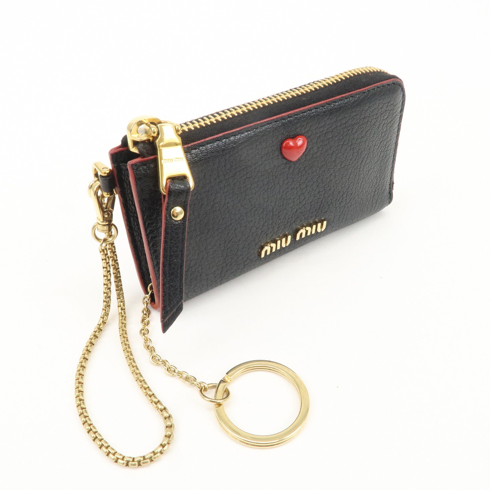 MIU MIU Leather Coin Case with Key Rings Black Gold HDW Used