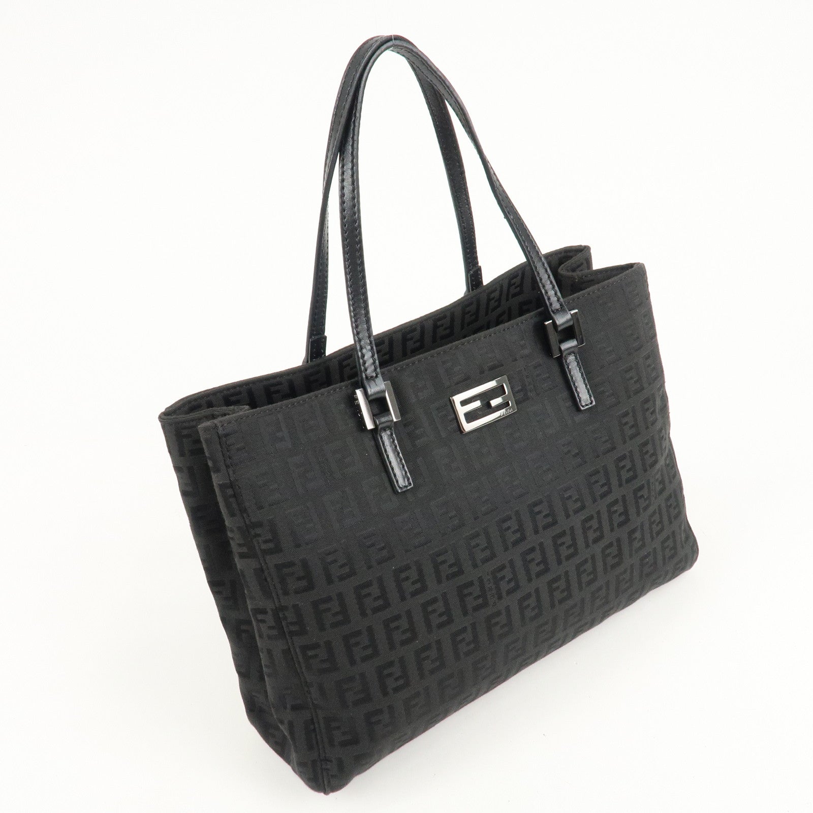 FENDI Zucchino Canvas Leather Tote Bag Hand Bag Black 8BH132 Used