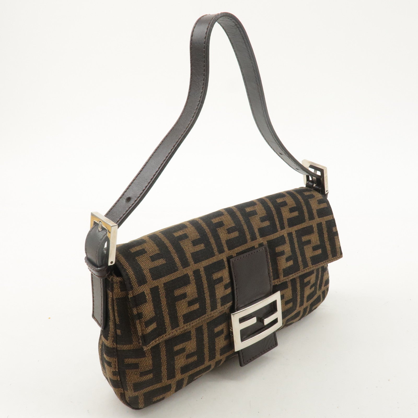 FENDI Mamma Baguette Canvas Leather Shoulder Bag Brown Black 26424