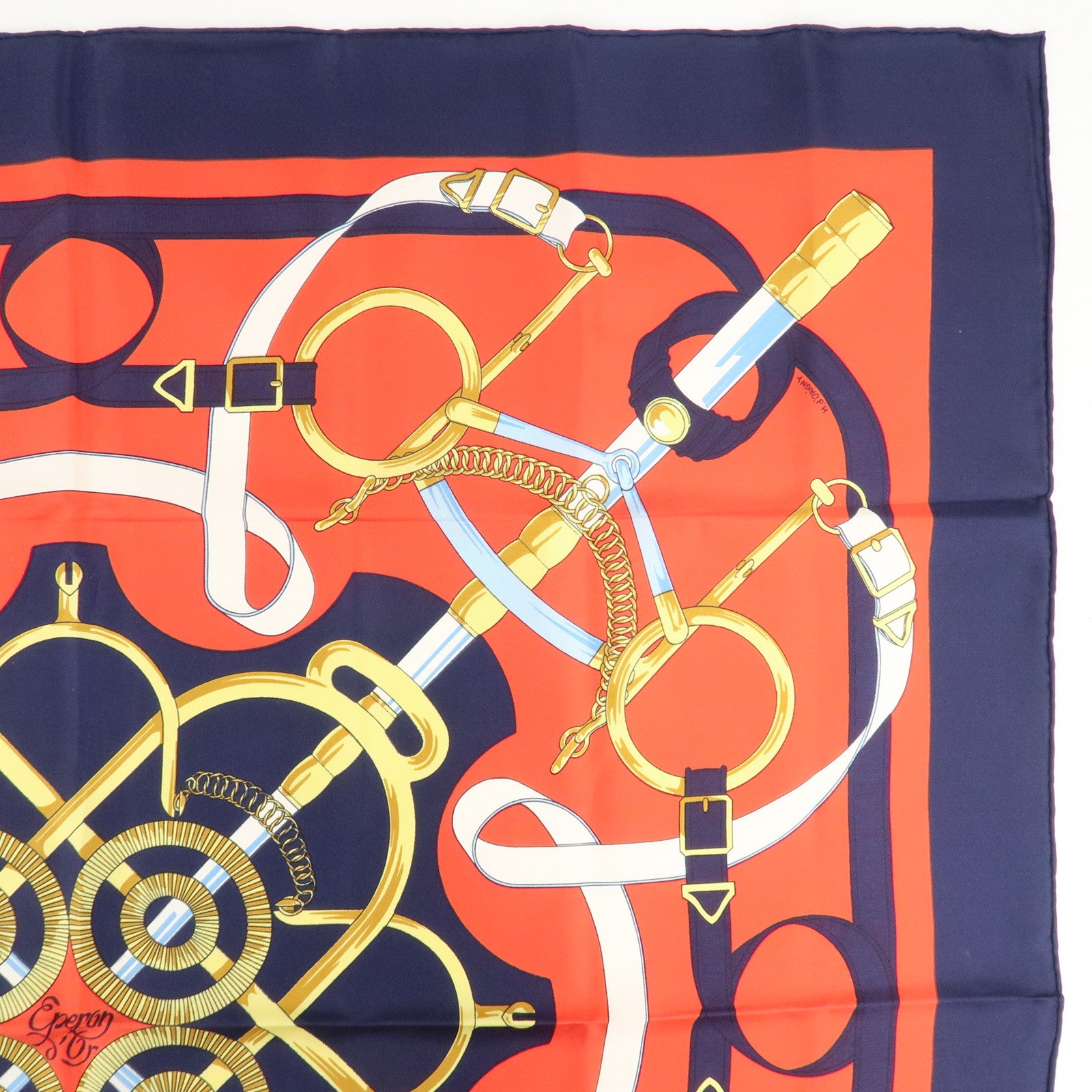 HERMES Carre 90 100% Silk Scarf Eperon d
or Red Navy Gold Used