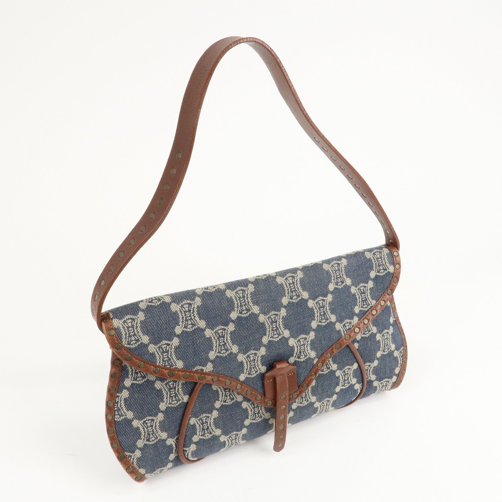 CELINE Macadam Denim Leather Shoulder Bag Blue Brown