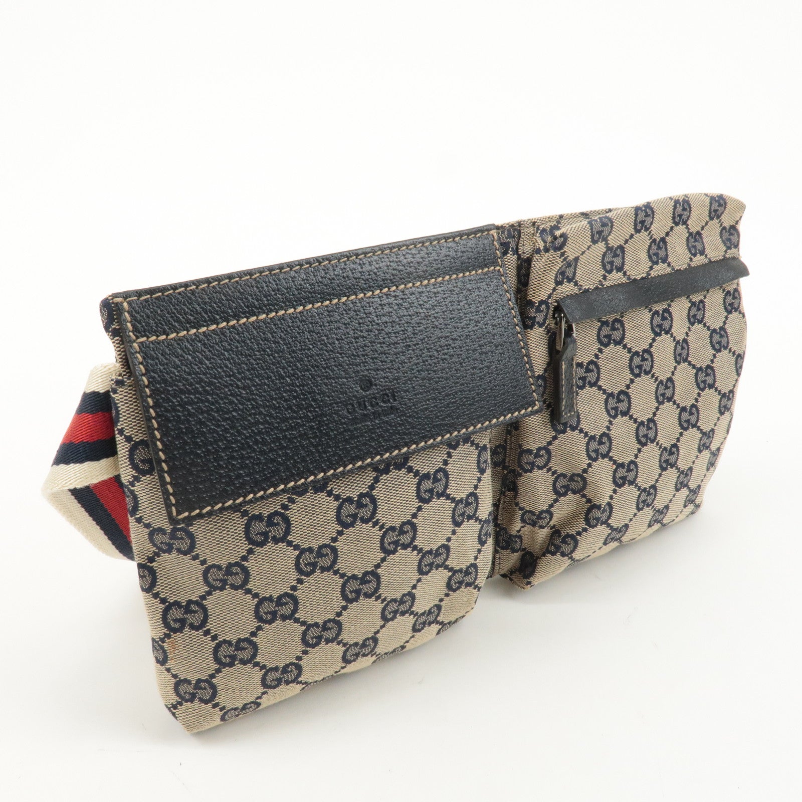 GUCCI Sherry GG Canvas Leather Waist Bag Beige Navy 28566