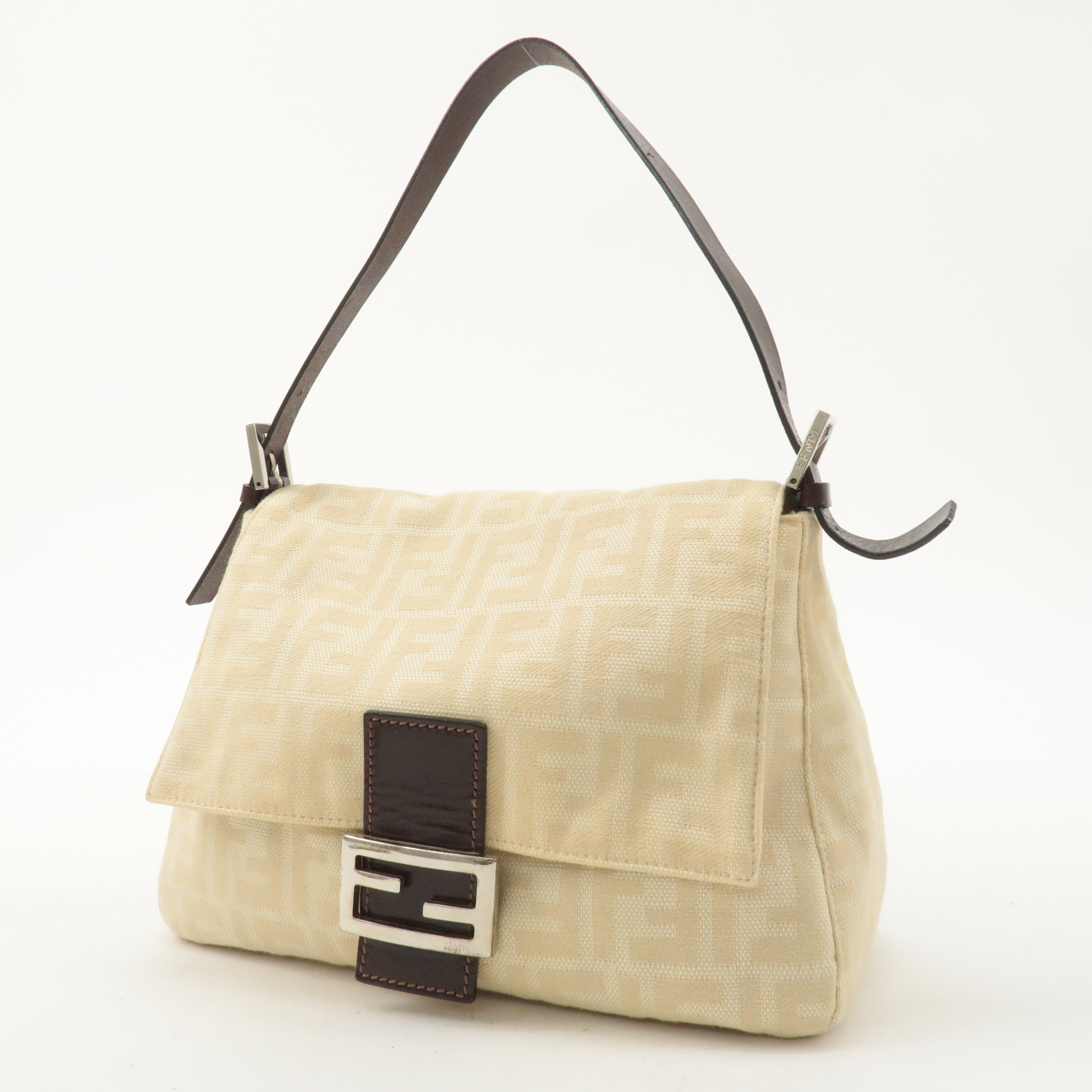 FENDI Zucca Mamma Baguette Canvas Leather Bag Beige 26325