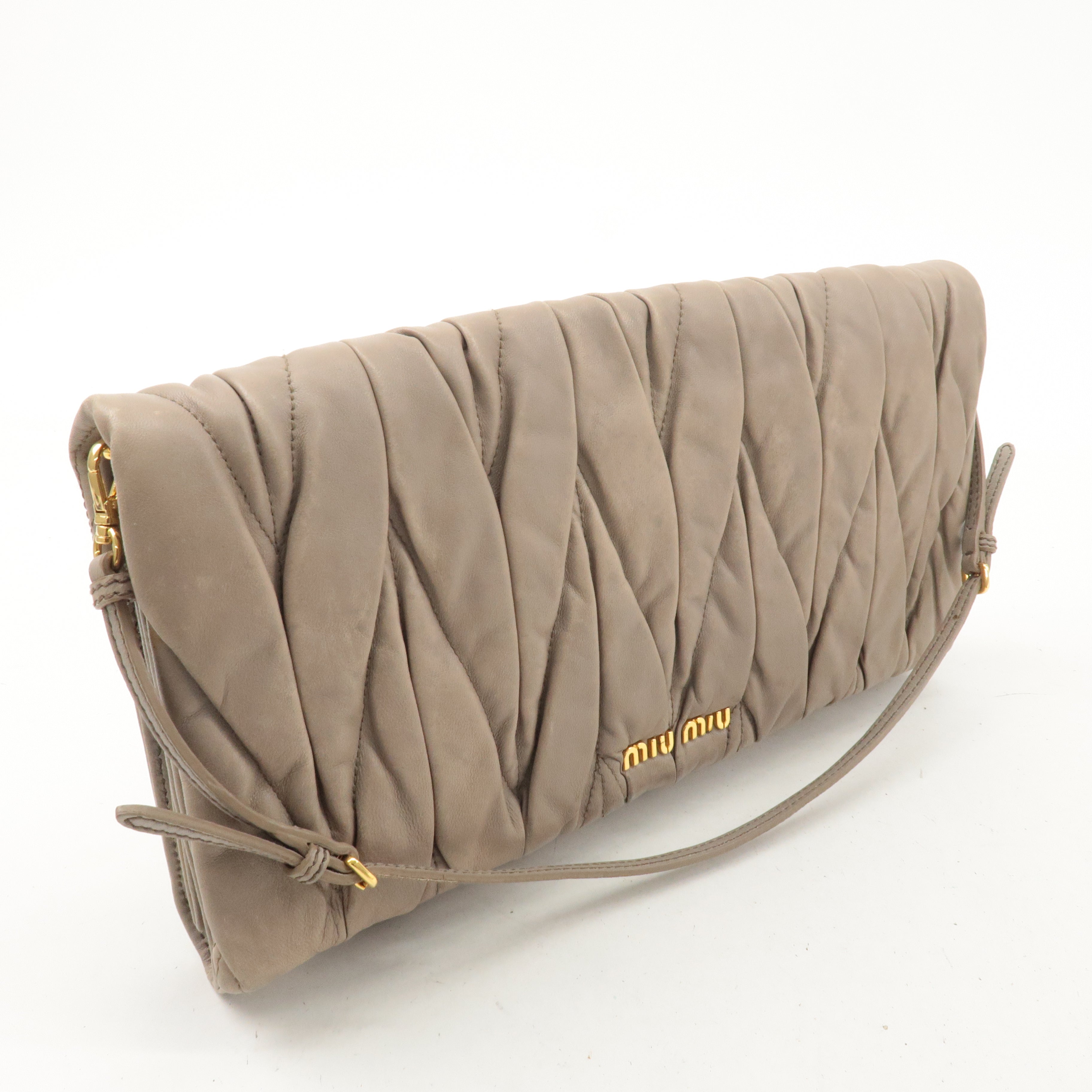 MIU MIU Matelasse Leather 2way Clutch Shoulder Bag Greige