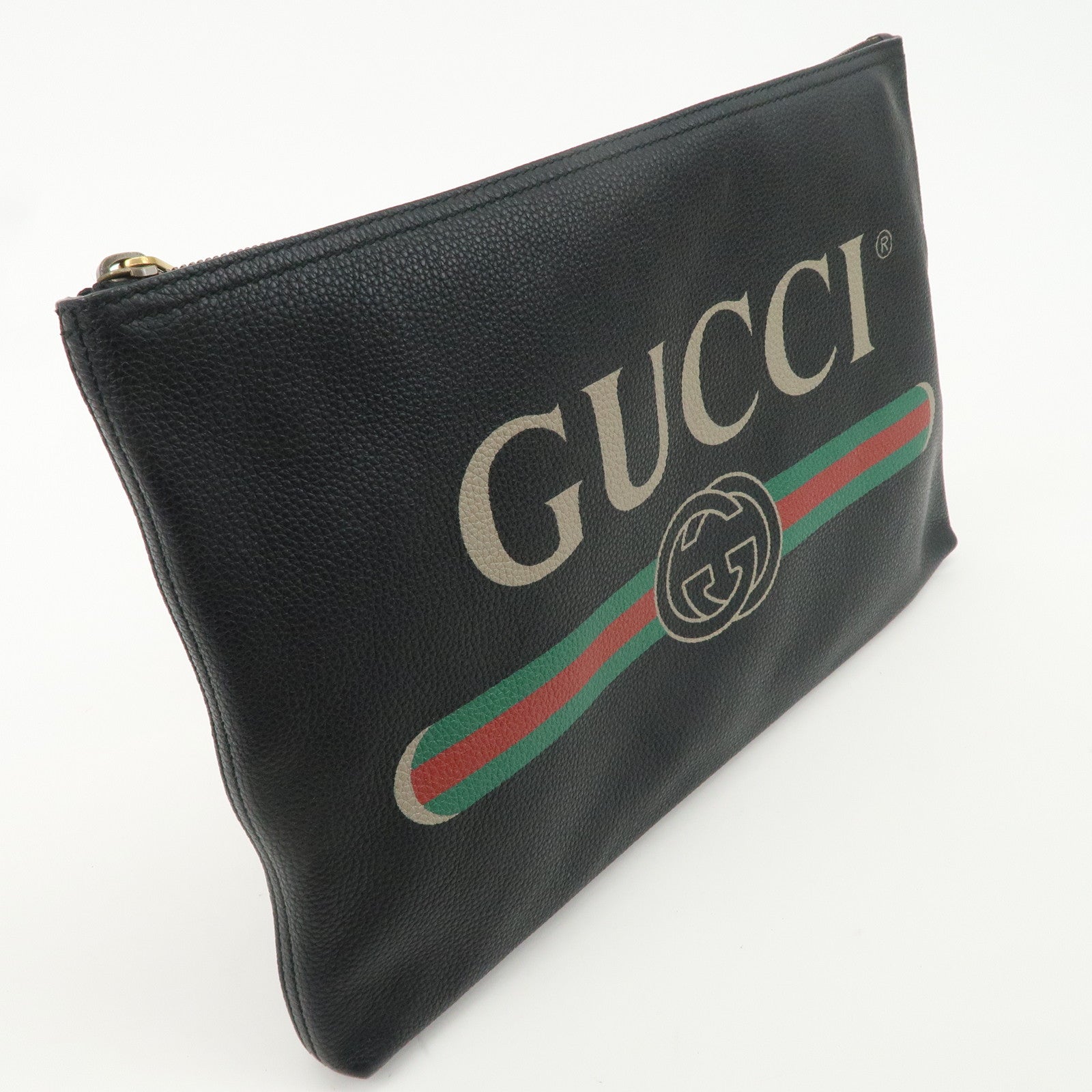 GUCCI Logo Print Leather Portfolio Clutch Bag Black 500984