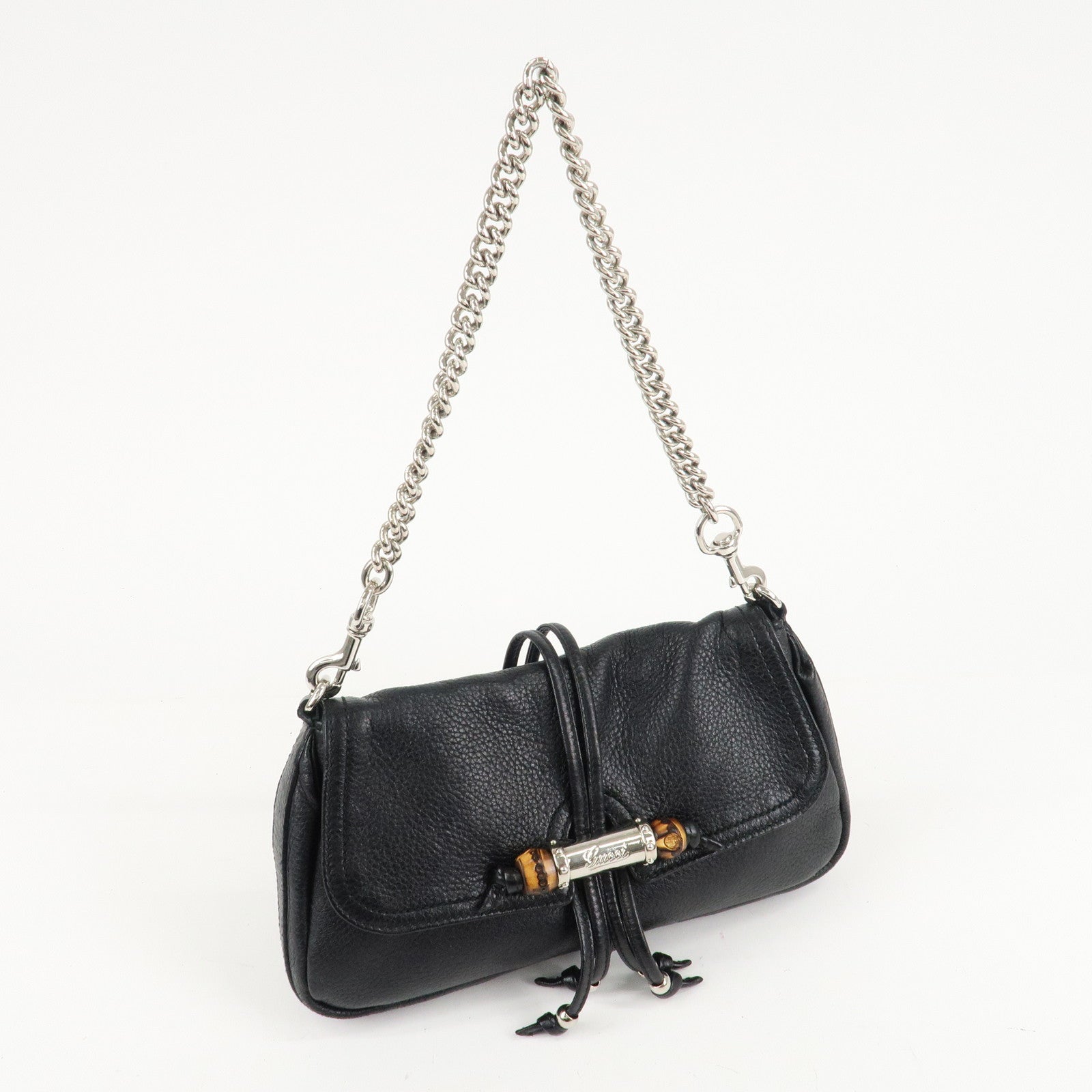 GUCCI Bamboo Leather Chain Shoulder Bag Black 235320