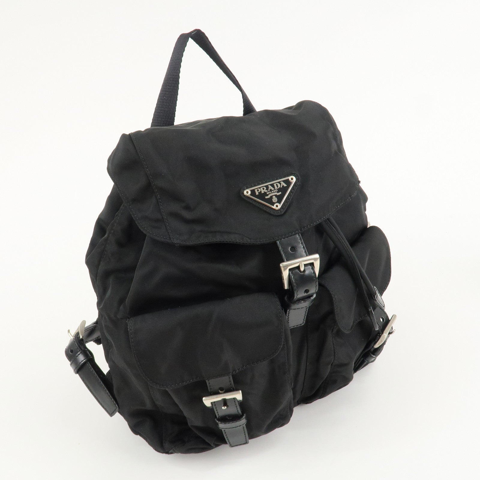 PRADA Triangle Logo Nylon Leather Back Pack Black B5885 Used